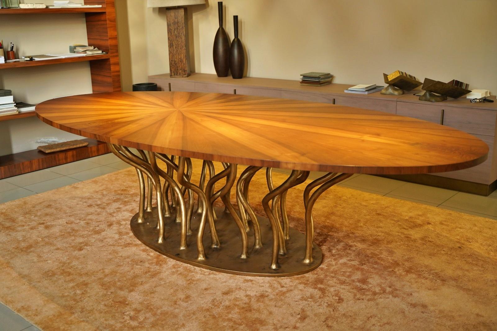 Portuguese New Design Bronze Walnut Wood Dining Table  For Sale