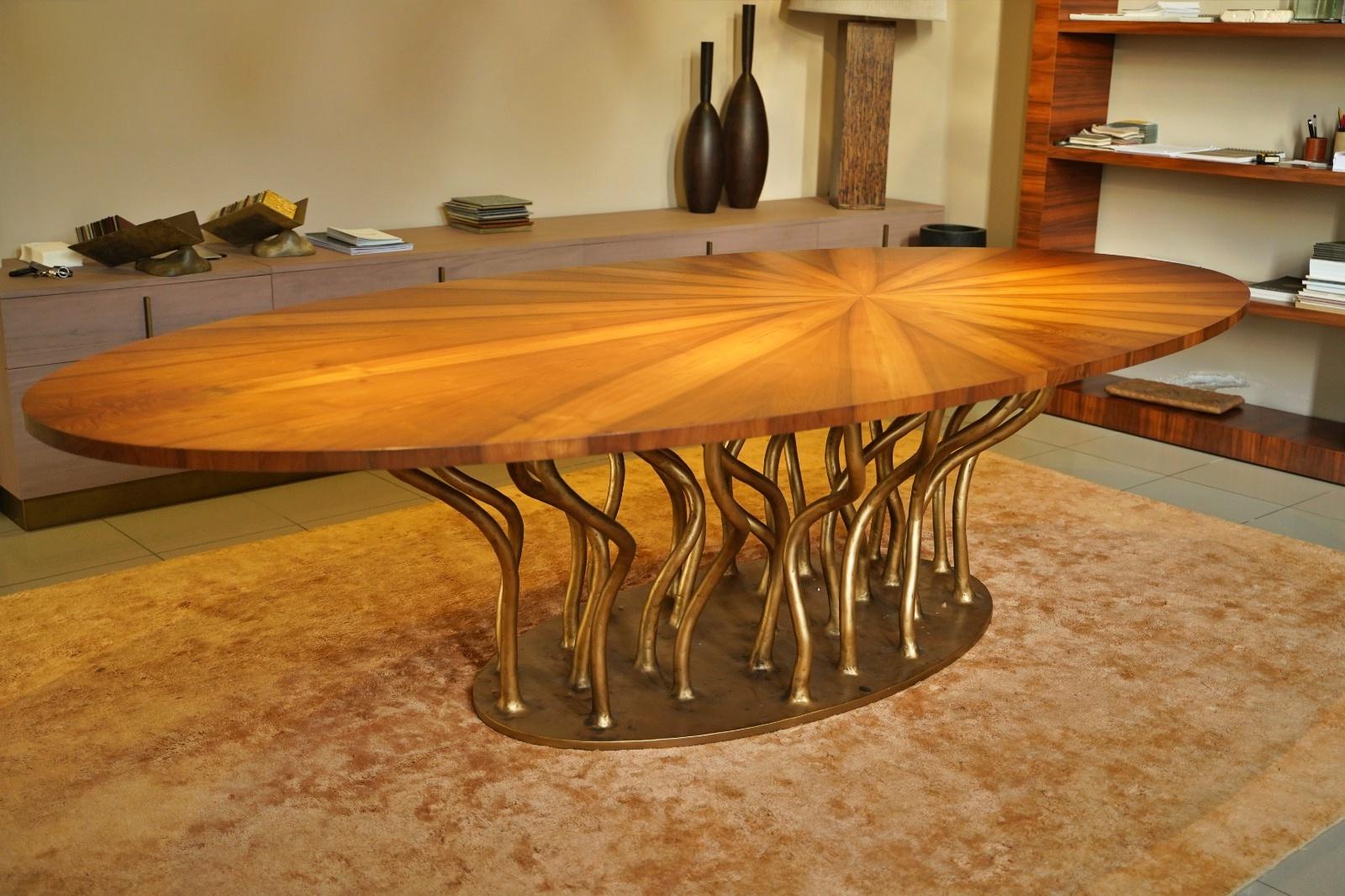 Hand-Crafted New Design Bronze Walnut Wood Dining Table  For Sale