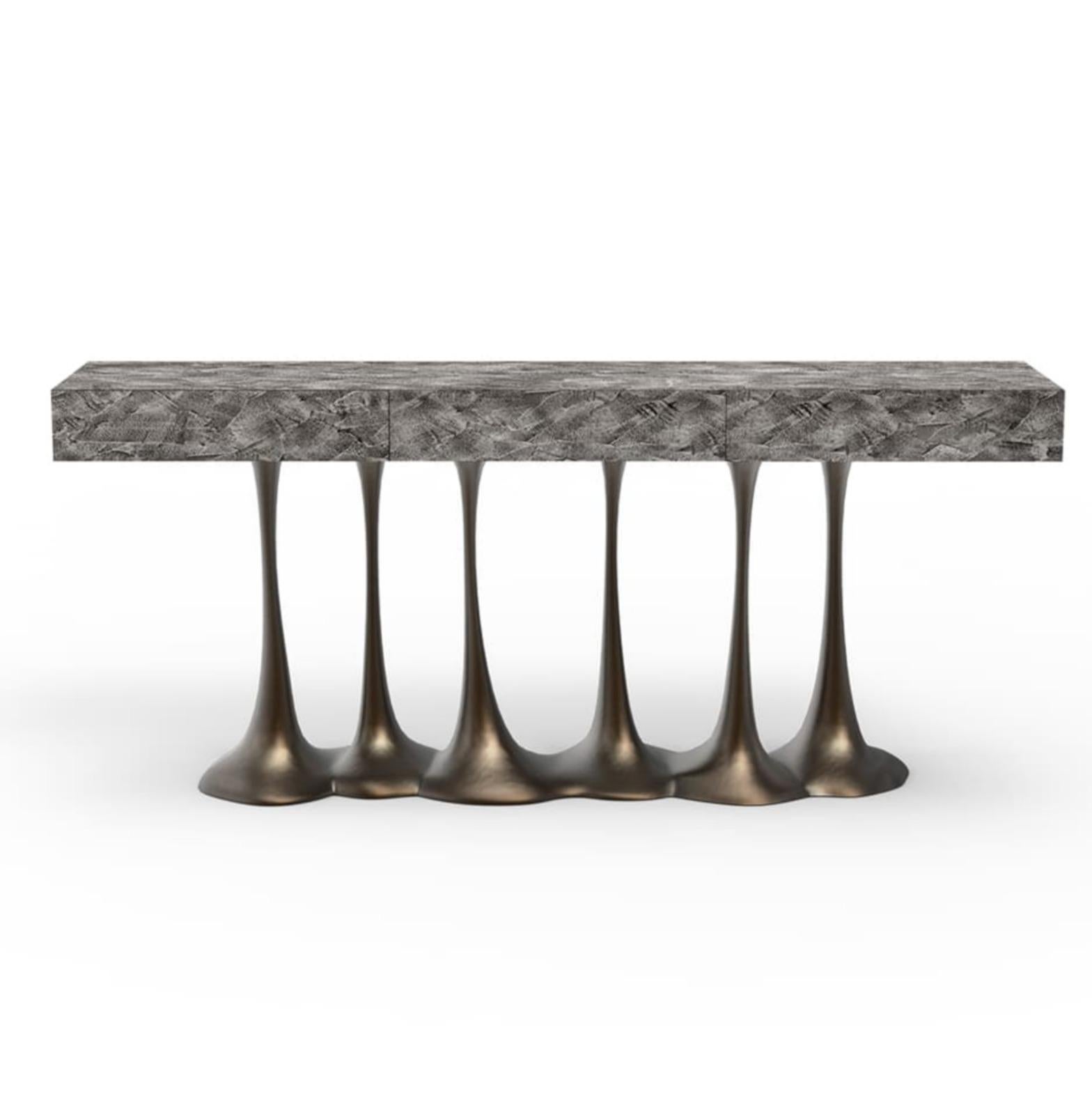 Hand-Crafted New Design Console in Wood finished in Grey Wood High Gloss For Sale