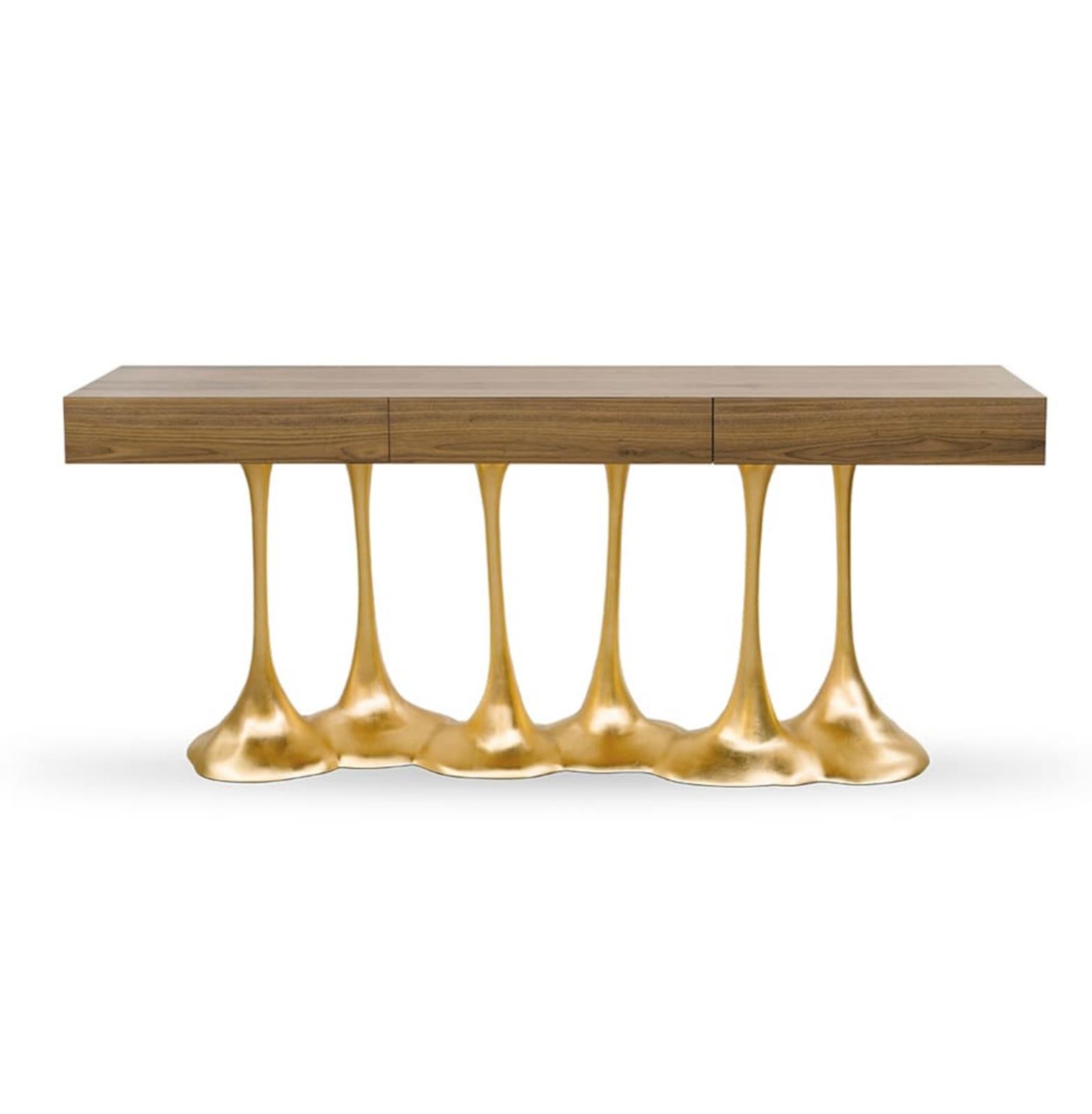 Hand-Crafted New Design Console in Wood finished in Marron Wood High Gloss For Sale