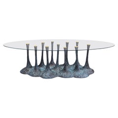 New Design Dining Table Glass and Fiberglass Finished in Verdigris 8/10 Persons