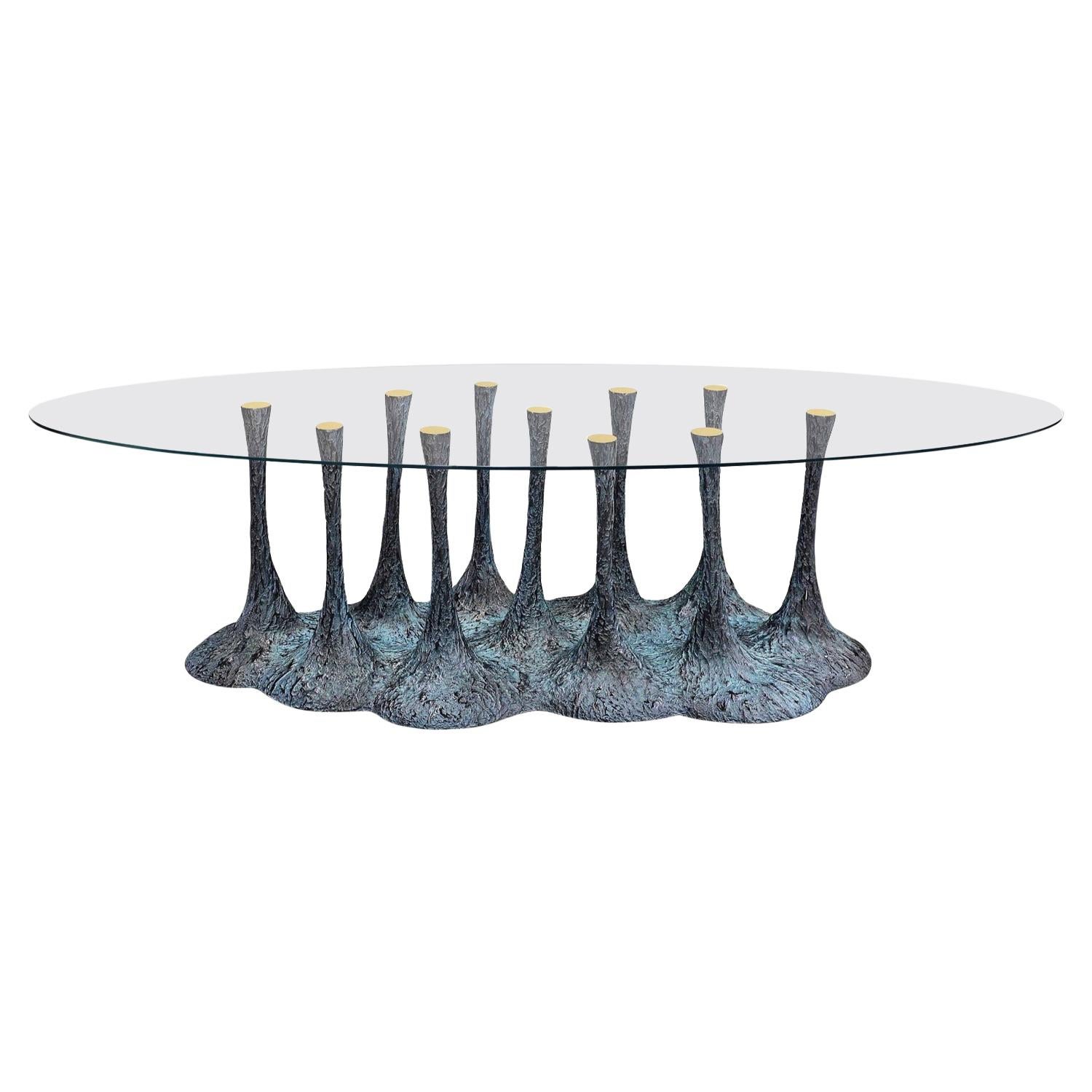 New Design Dining Table Glass and Fiberglass Finished in Verdigris 8/10 Persons For Sale