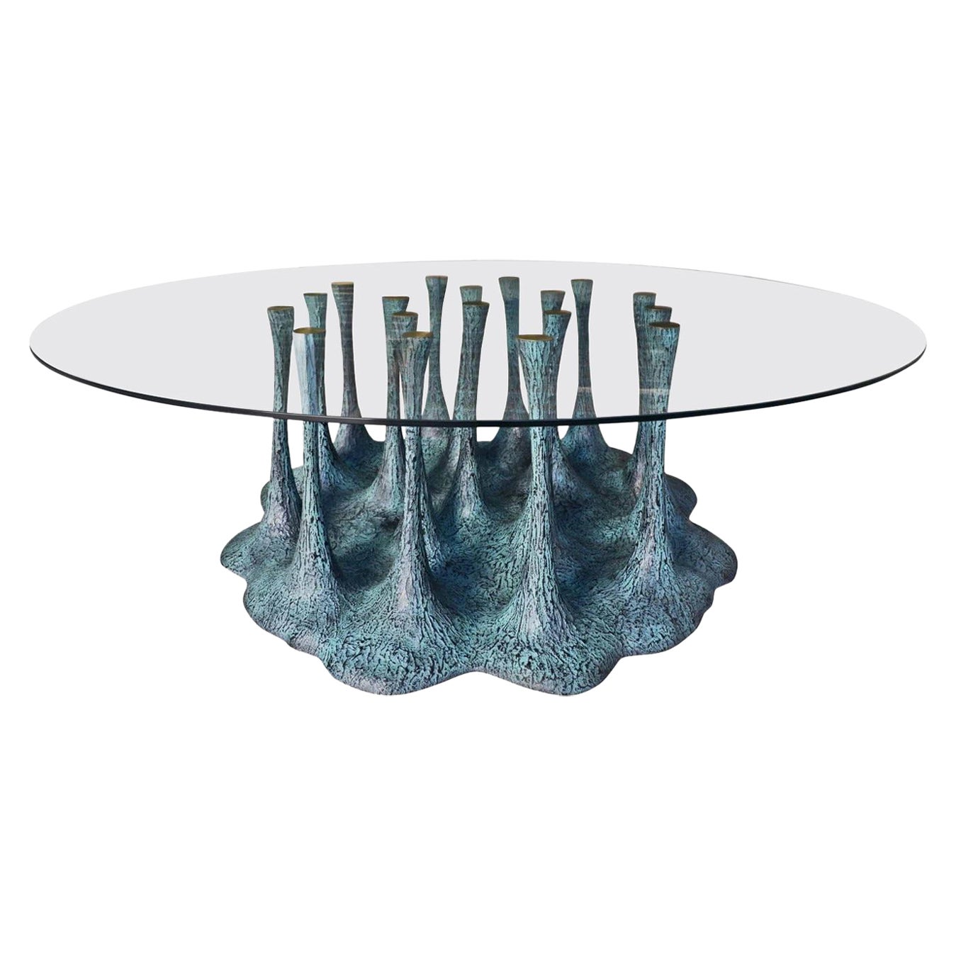 New Design Dining Table Glass and Fiberglass Finished in Verdigris 8/10 Persons For Sale