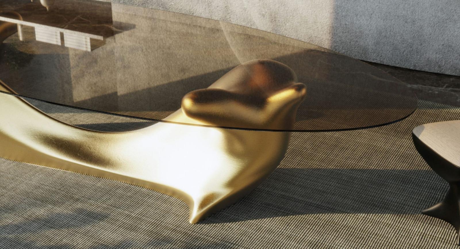 TABLE À MANGER New Design  Base en feuille d'or, plateau en verre bronze

Dimensions :
350 x 140 x 75 cm
137.8 x 55.1 x 29.5 in
Sièges :
10 à 12 ans

Une véritable pièce d'apparat qui incarne la grandeur et l'élégance. Dotée d'un grand plateau en