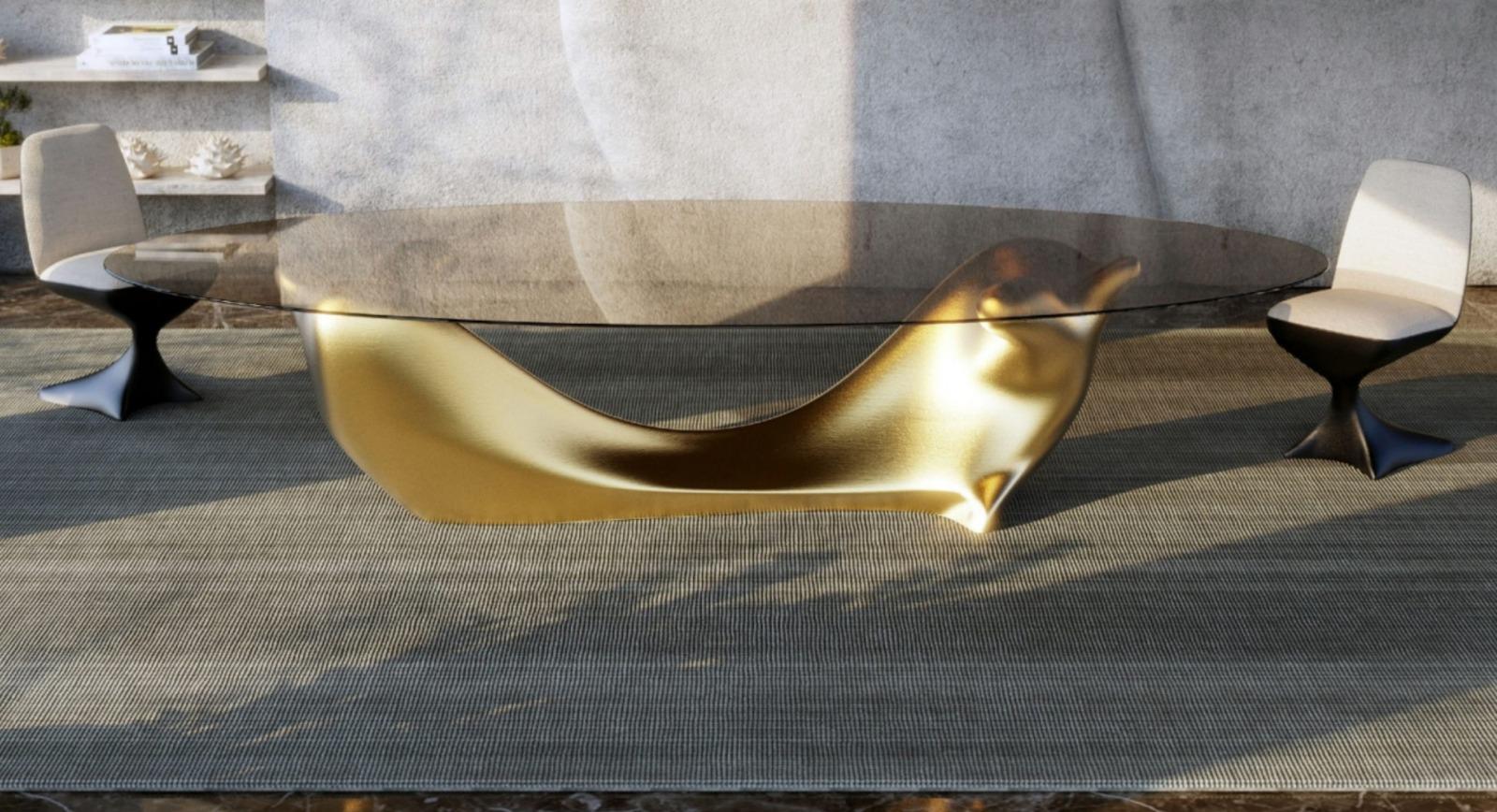 Modern New Design DINING TABLE  Gold Leaf Base, Bronze Glass Top For Sale
