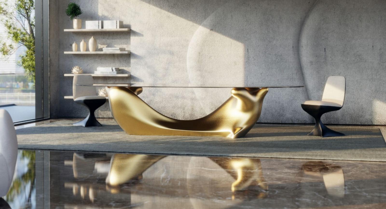 Portugais TABLE À MANGER New Design  Base en feuille d'or, plateau en verre bronze en vente
