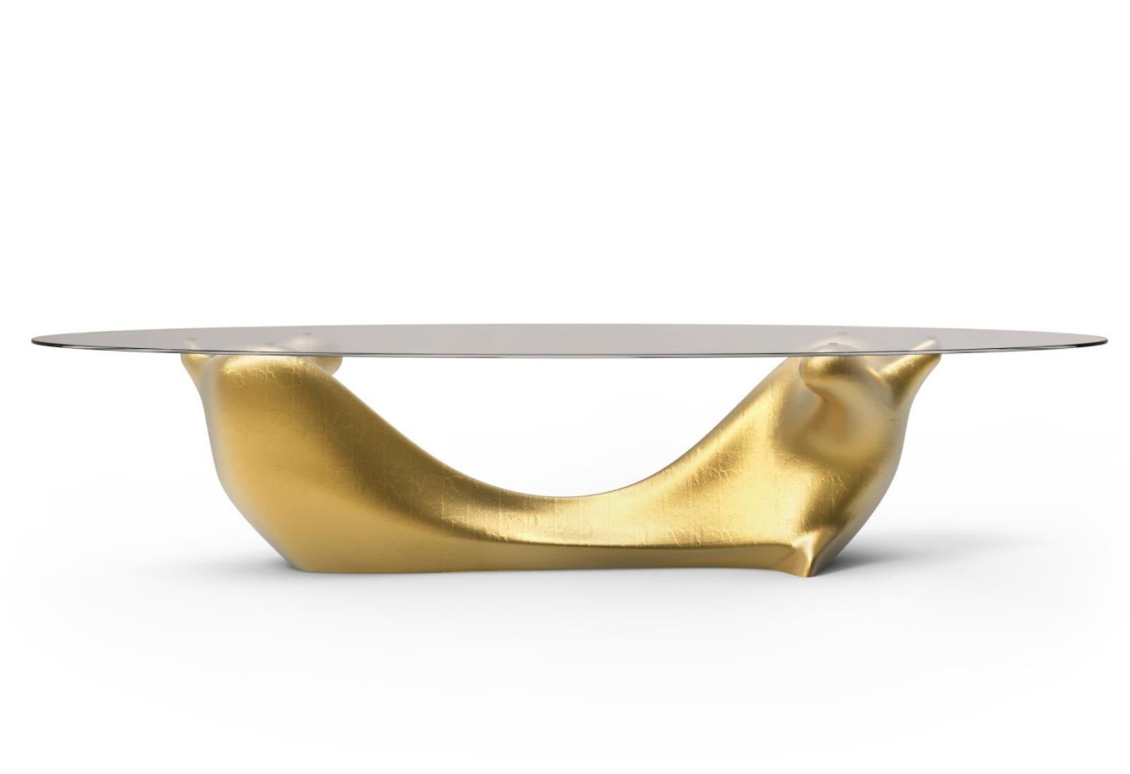 New Design DINING TABLE  Gold Leaf Base, Bronze Glass Top In New Condition For Sale In Madrid, ES
