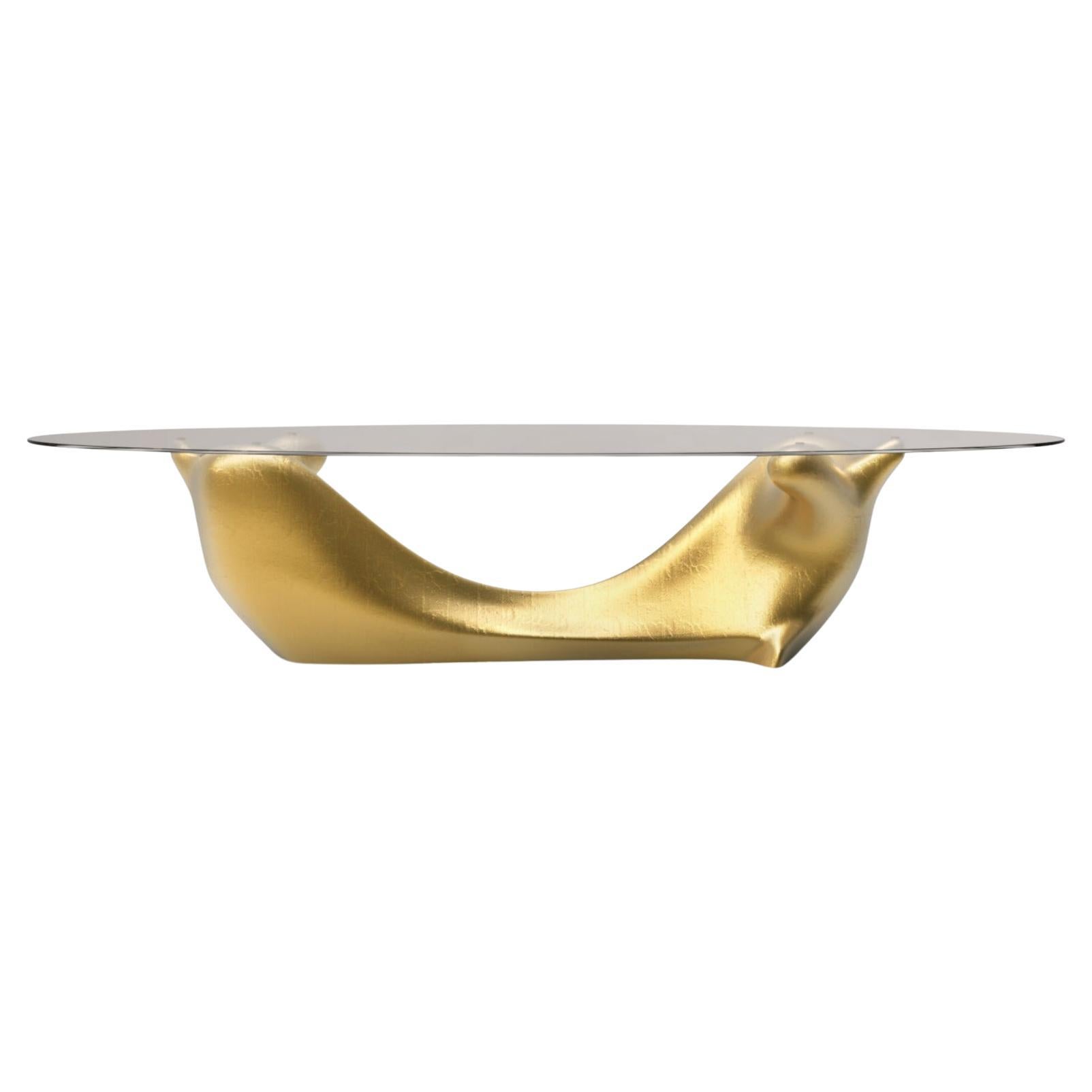 New Design DINING TABLE  Gold Leaf Base, Bronze Glass Top For Sale