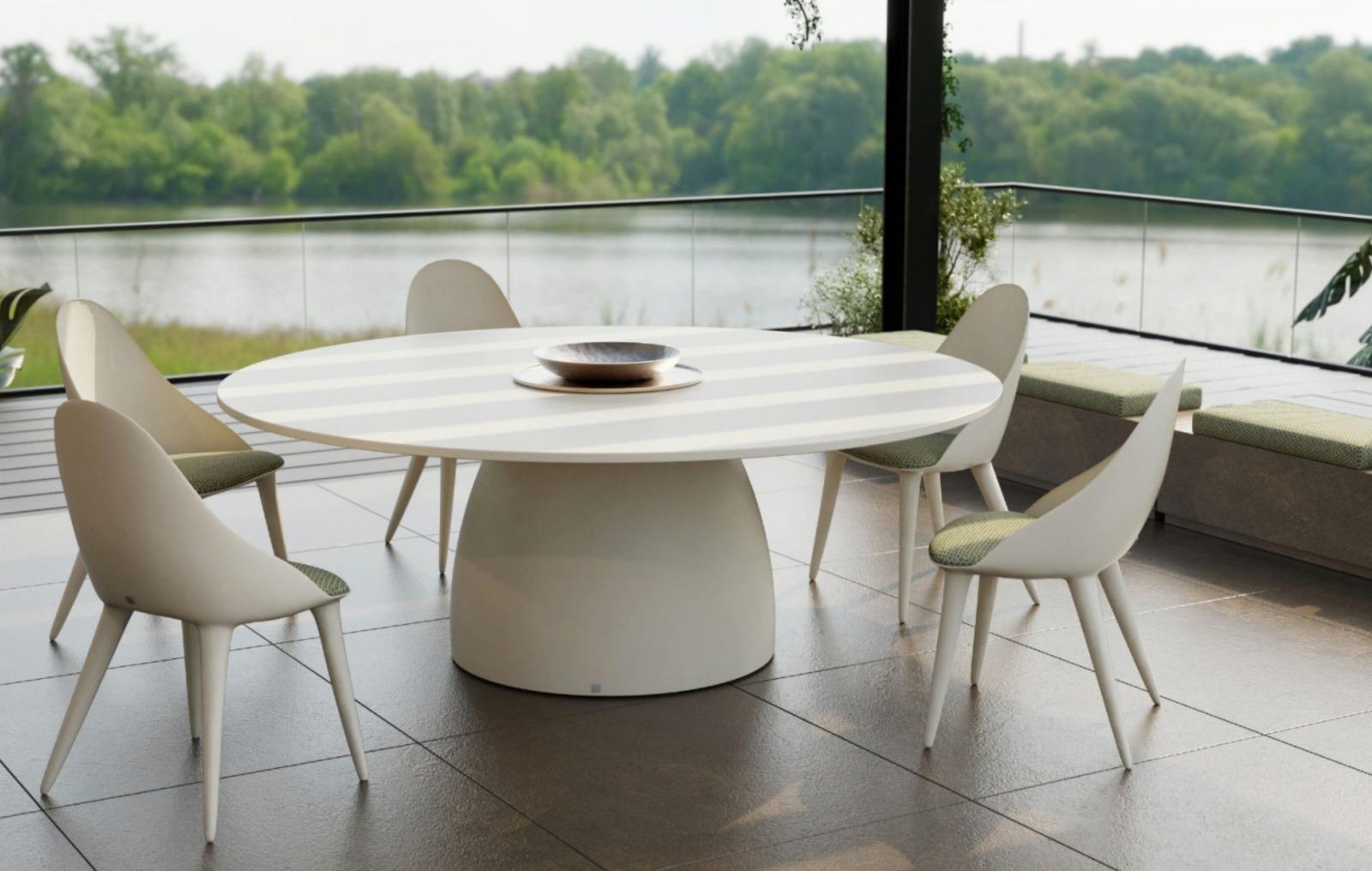 SUMMER 2024

Dining table

General information

Dimensions
Ø200 x 75 cm /
Ø78.7 x 29.5 in
Weight
148 kg / 326 lbs
Seats 10

Materials and colors

Structure: Resin reinforced with fiberglass, finished in white matte suitable for outdoor.