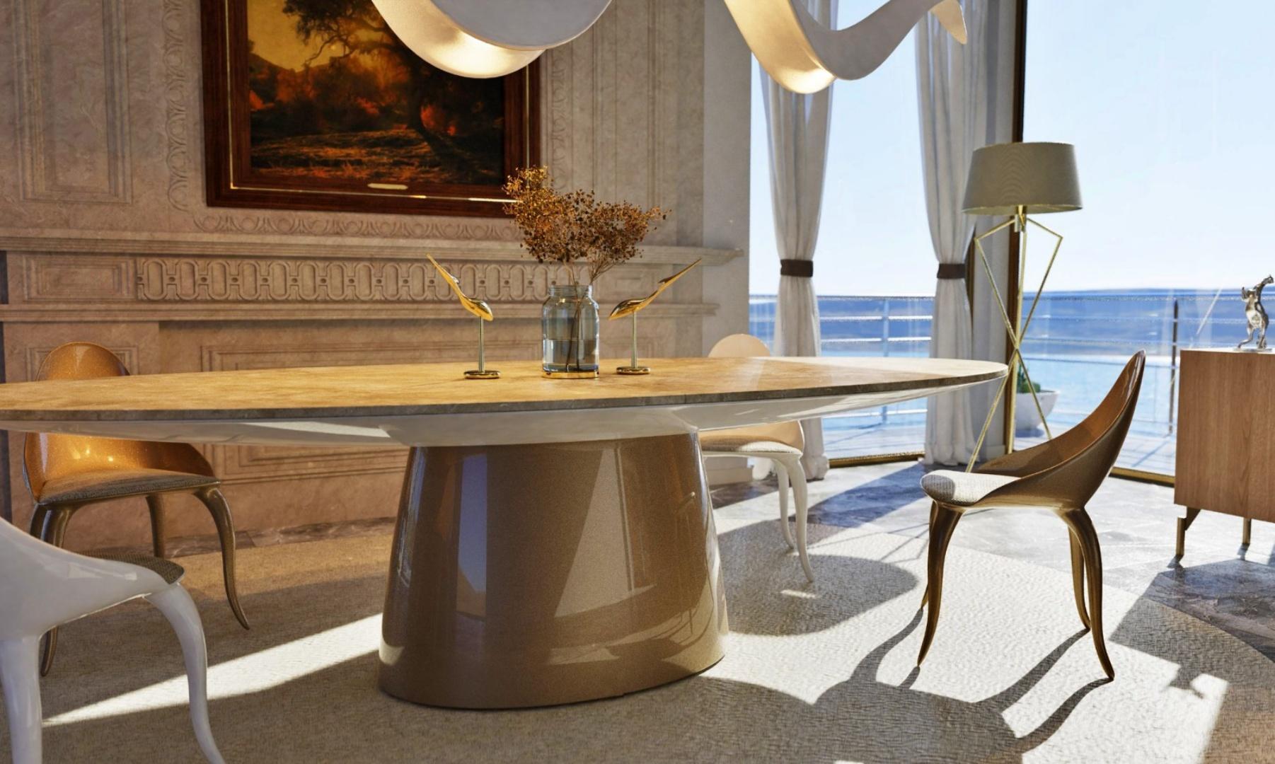 Dining table

General information

Dimensions (cm): 300 x 130 x 75
Dimensions (in): 118.1 x 51.2 x 29.5
Seats: 8 to 10

Materials and colors

Top: Resin reinforced with fiberglass lacquered in high gloss white and Fior di bosco marble;
Finish: Resin