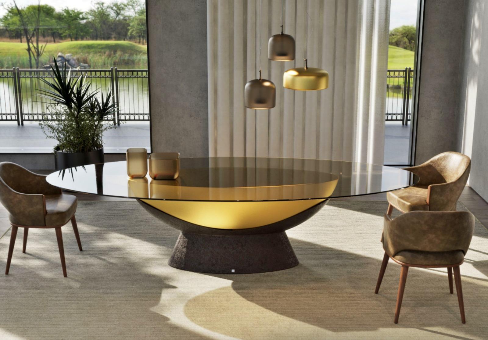 Résine Table de salle à manger New Design avec plateau en verre et base texturée COLLECTION 2024 en vente