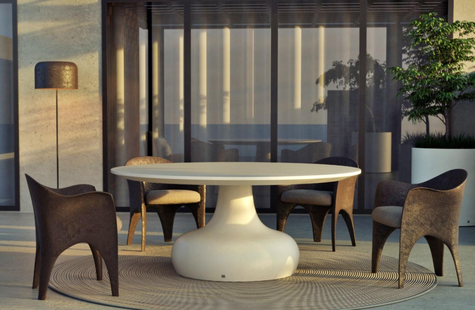 SUMMER 2024

Dining table

General information

Round top, matte white lacquering.
Dimensions
Ø160 x 75 cm /
Ø63 x 29.5 in
Weight
110 kg / 242.5 lbs
Seats
8

Materials and colors

Structure: Resin reinforced with fiberglass, finished in white matte