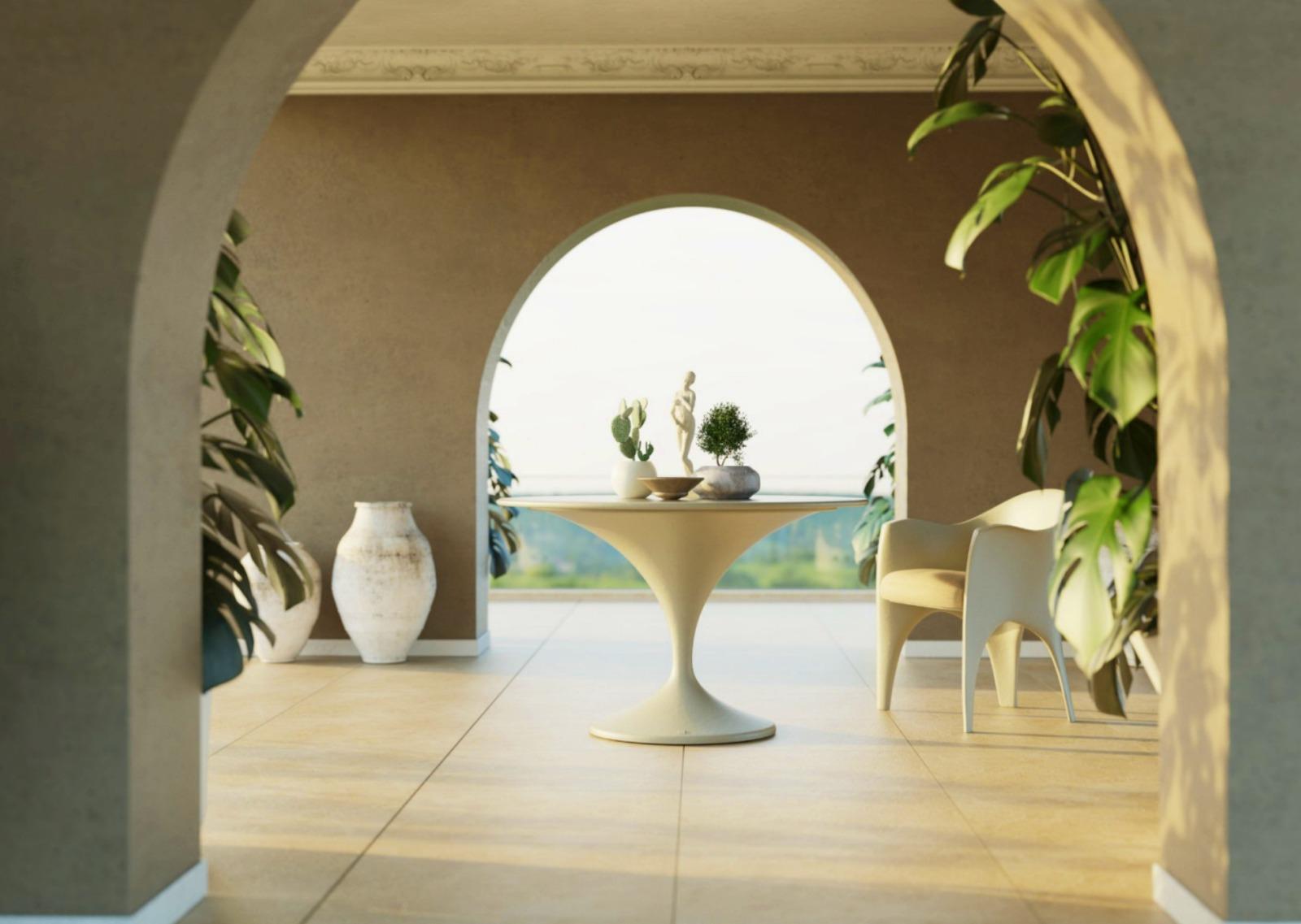 Portugais Table de salle à manger ronde New Design en blanc mat adaptée à l'extérieur SUMMER 2024 en vente