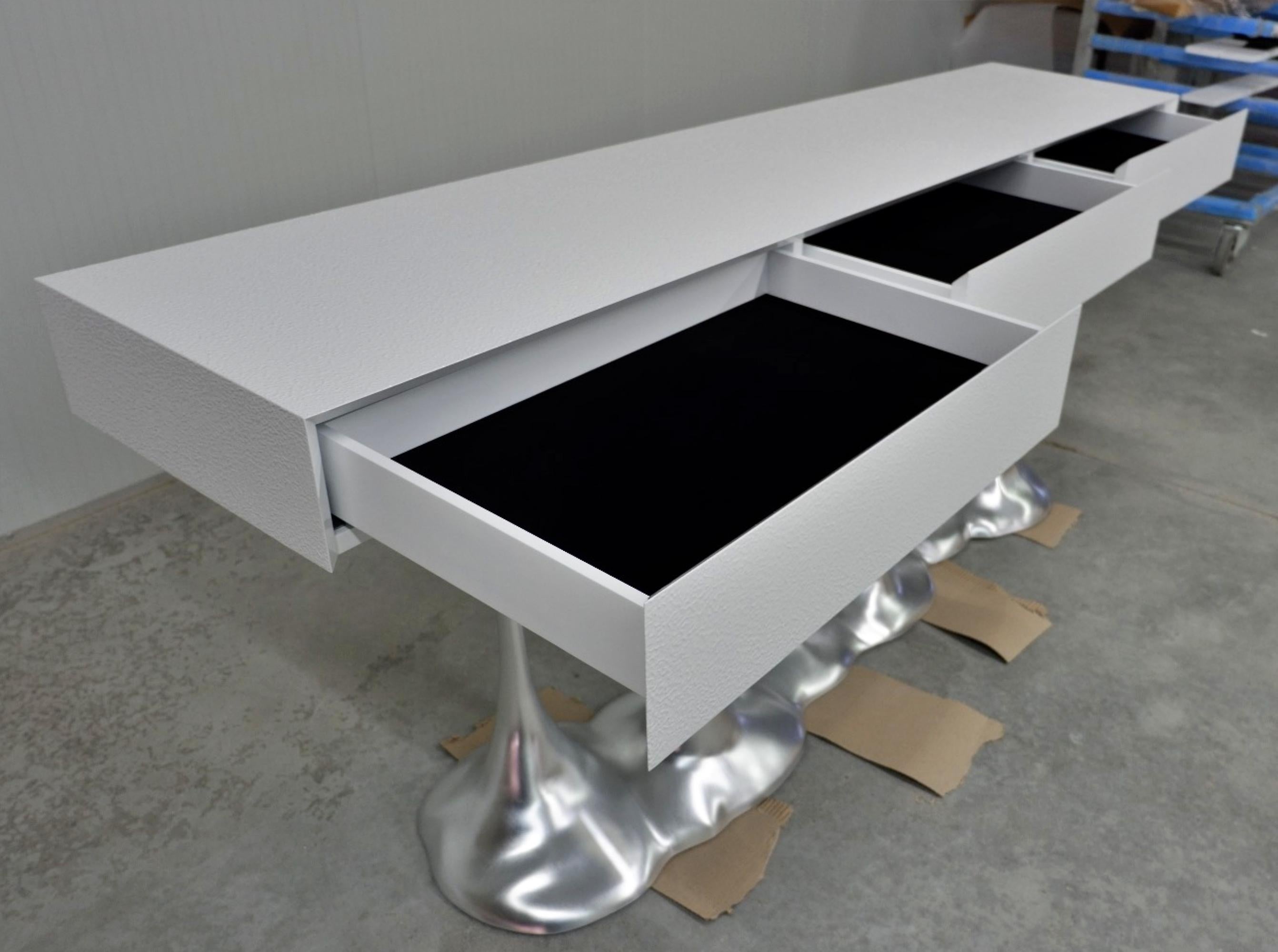 Hand-Crafted New Design Console in Wood finished in White High Gloss For Sale