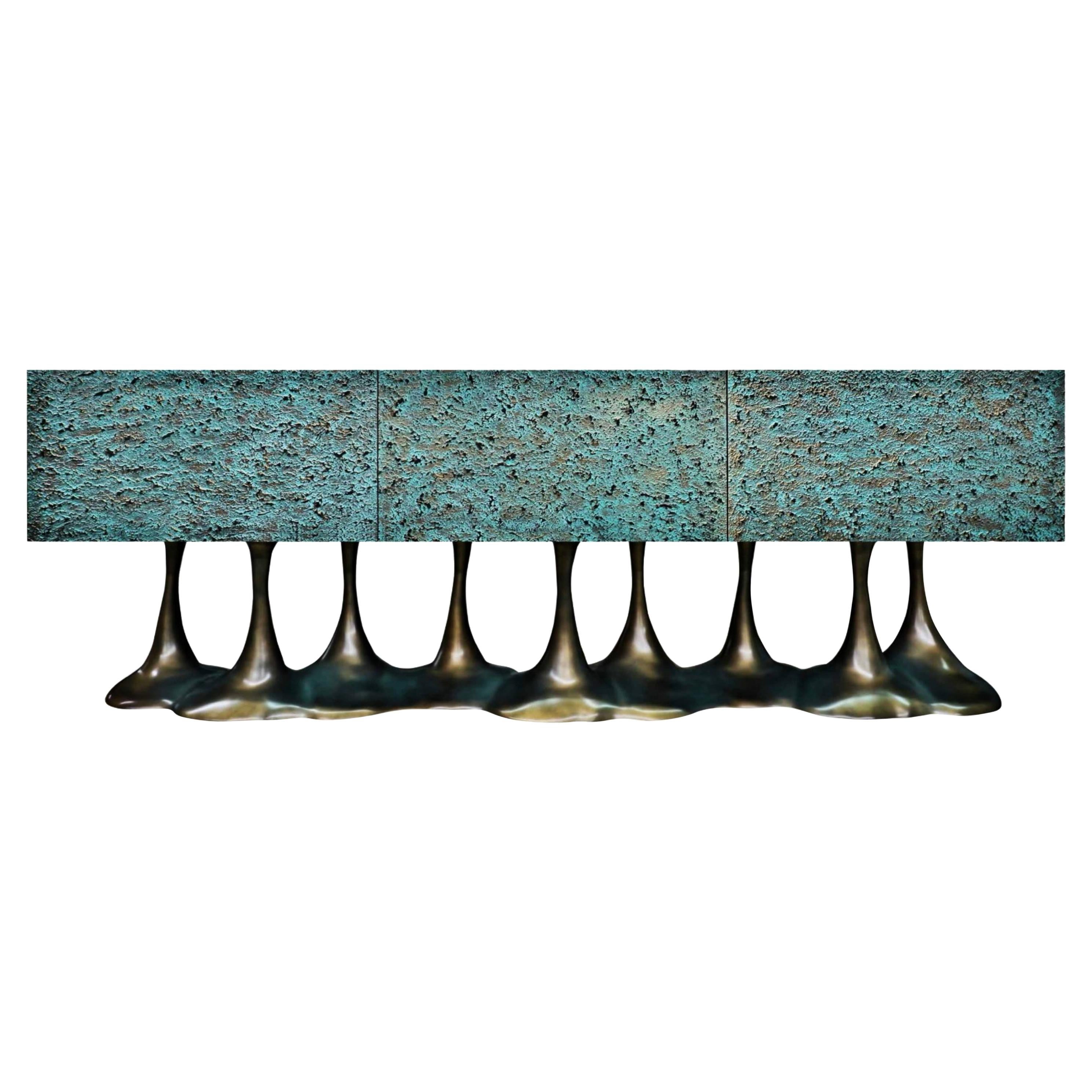 New Design Sideboard in Wood Verdigris and Brass Color on "Knockdown" Texture For Sale