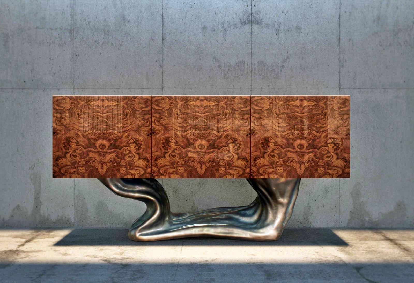 Portuguese New Design Sideboard in Wood with Walnut Root Veneer For Sale