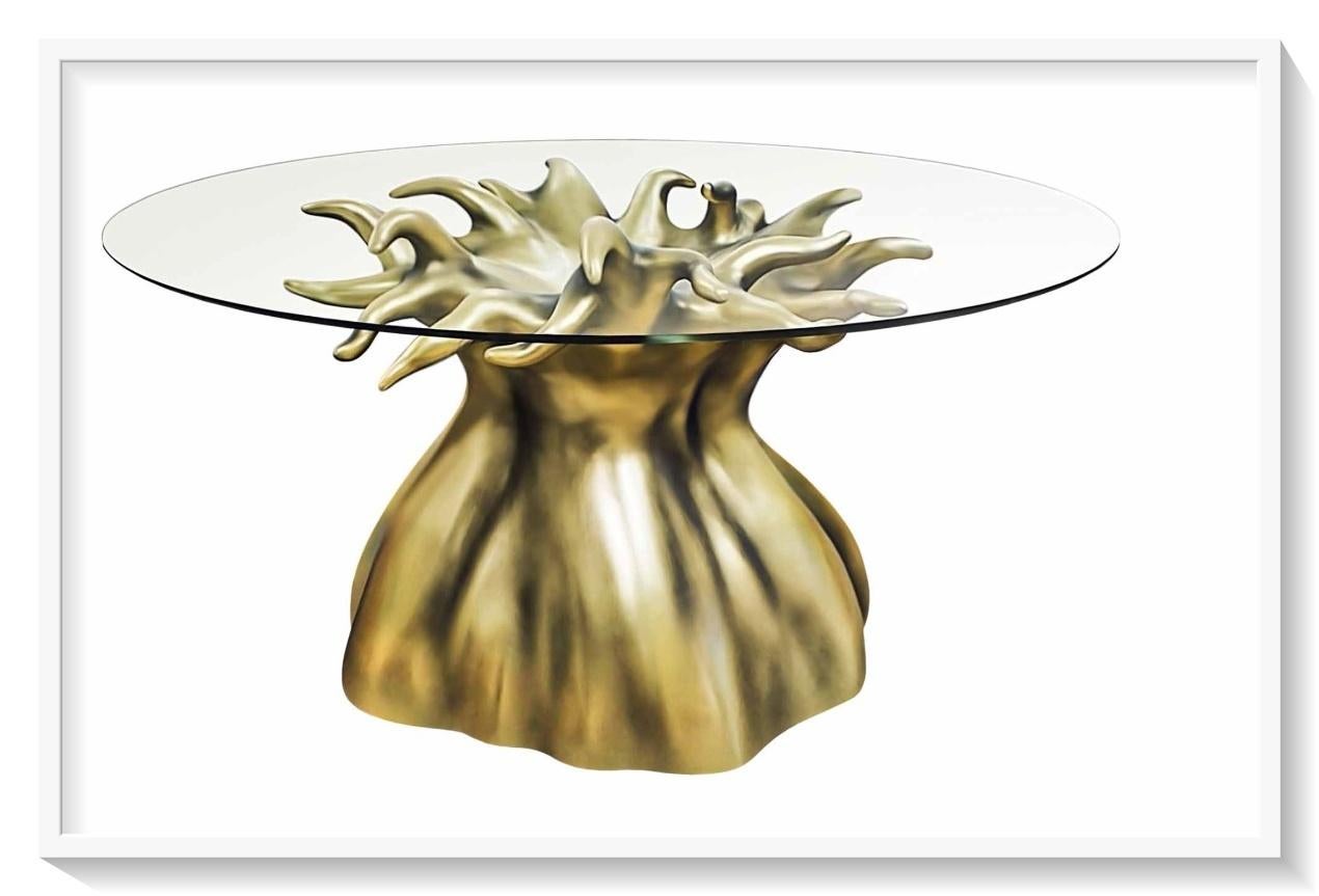 Portuguese New Design Tempered Glass and Resin Dining Table for 8 Persons in Aged Gold Leaf For Sale