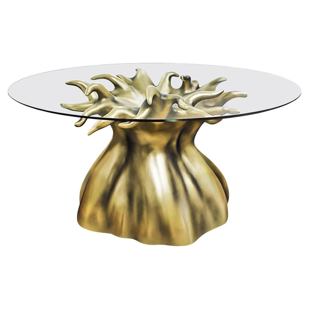 New Design Tempered Glass and Resin Dining Table for 8 Persons in Aged Gold Leaf For Sale