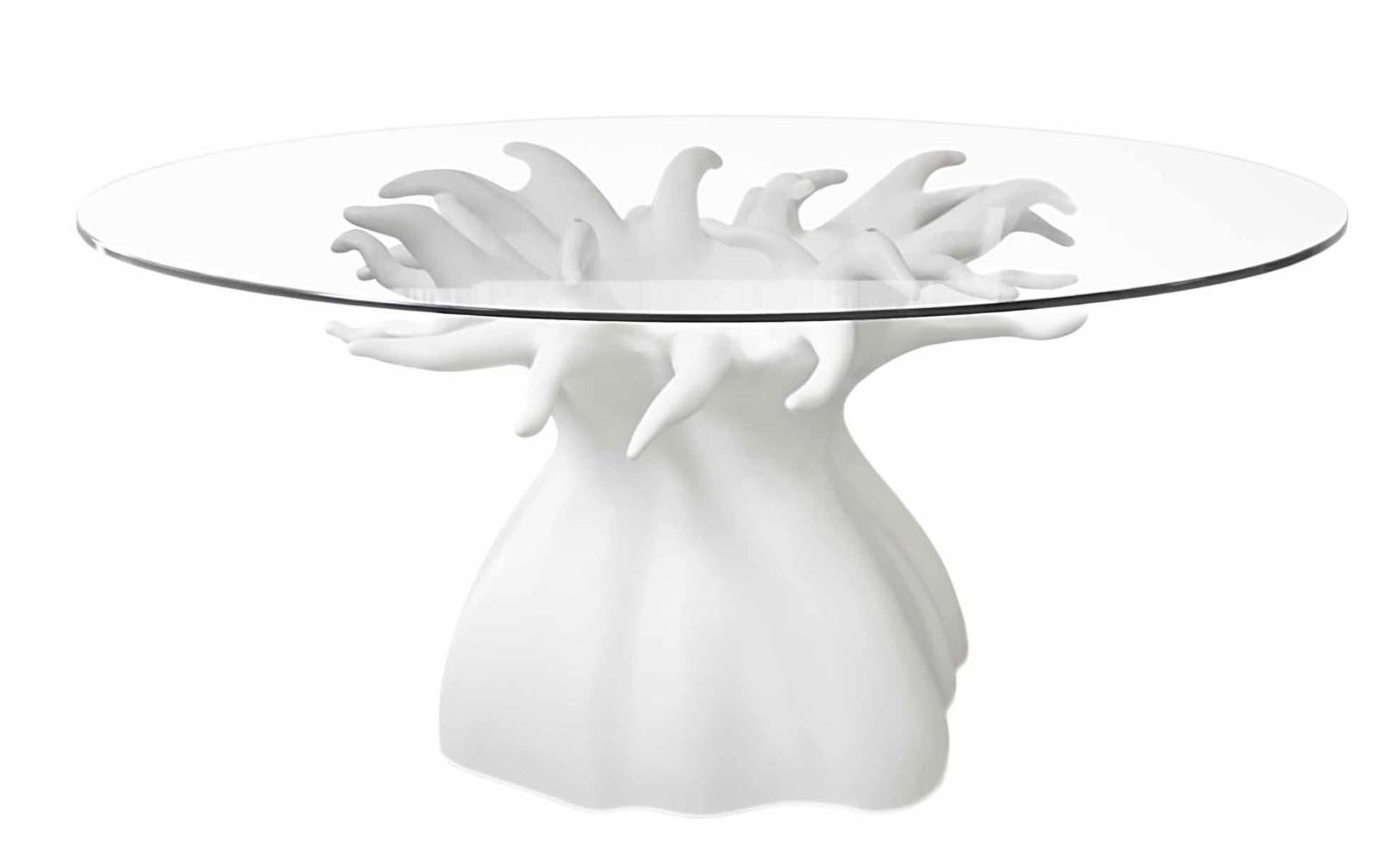 Dining table

General Information
Dimensions (cm): Ø160 x 75
Dimensions (in): Ø63 x 29.5
Seats: 8

Materials and Colors
Top: Clear tempered glass 12 mm thick, with polished edge;
Base: Resin reinforced with fiberglass lacquered in white matte.


