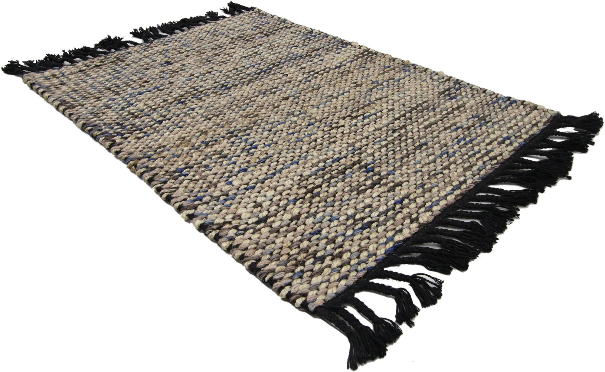 30381 new Dhurrie flat-weave Kilim rug with modern Lake House style, Custom area rug. Freshen up your space and inject color without going polychrome crazy with this transitional grasscloth pattern area rug. Subtle in style and very versatile, this