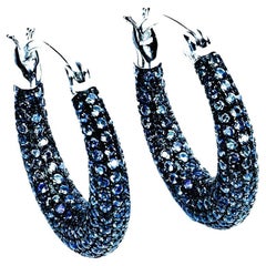 New Diamond Cut .50 Carat Dark Blue Sapphire Sterling Silver Hoop Earrings