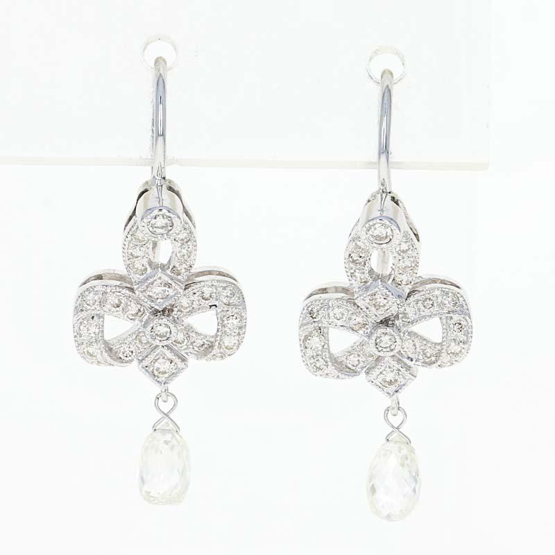 Women's Diamond Drop Earrings, 18 Karat White Gold Pierced Briolette 1.34 Carat