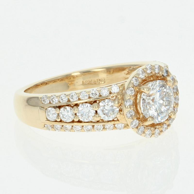 Round Cut Diamond Engagement Ring, 14 Karat Yellow Gold Halo 1.35 Carat