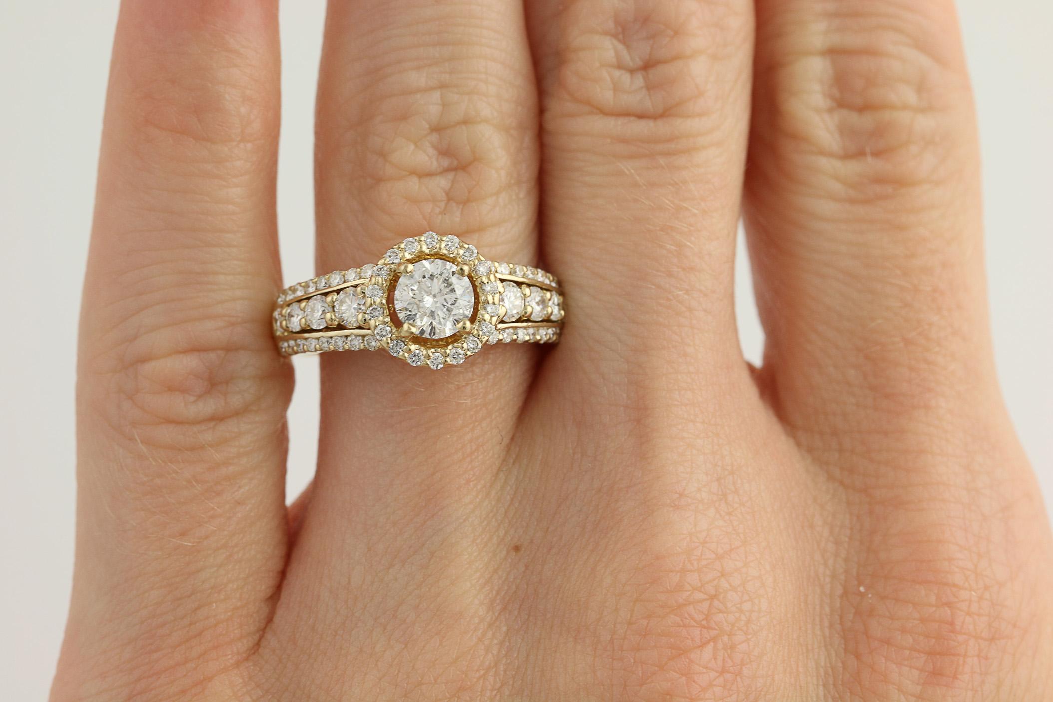 Diamond Engagement Ring, 14 Karat Yellow Gold Halo 1.35 Carat 1