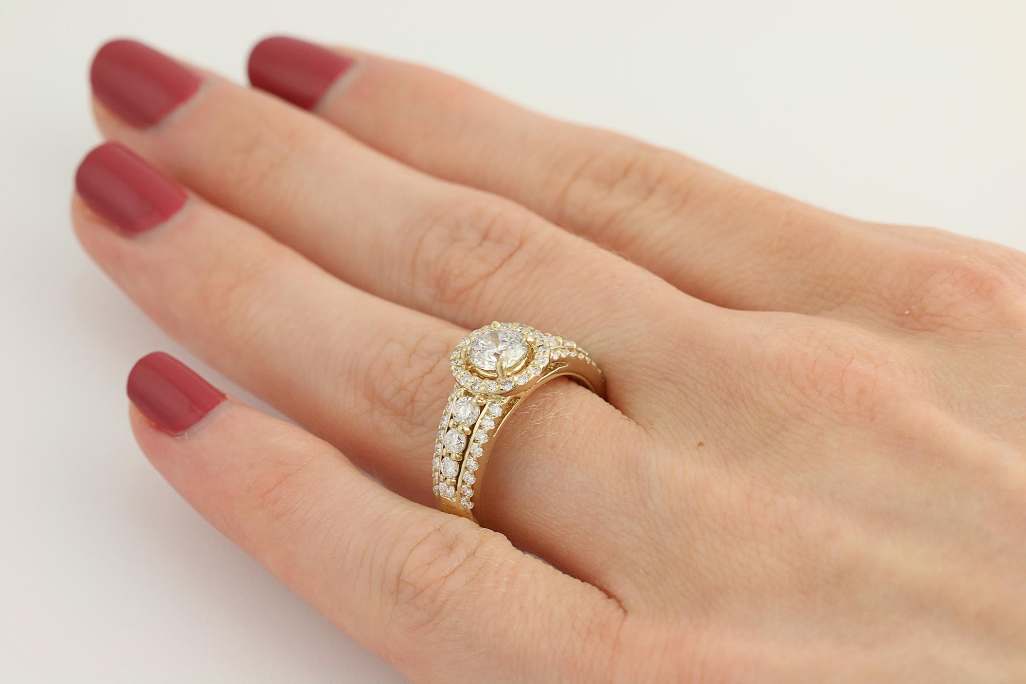 Diamond Engagement Ring, 14 Karat Yellow Gold Halo 1.35 Carat 2