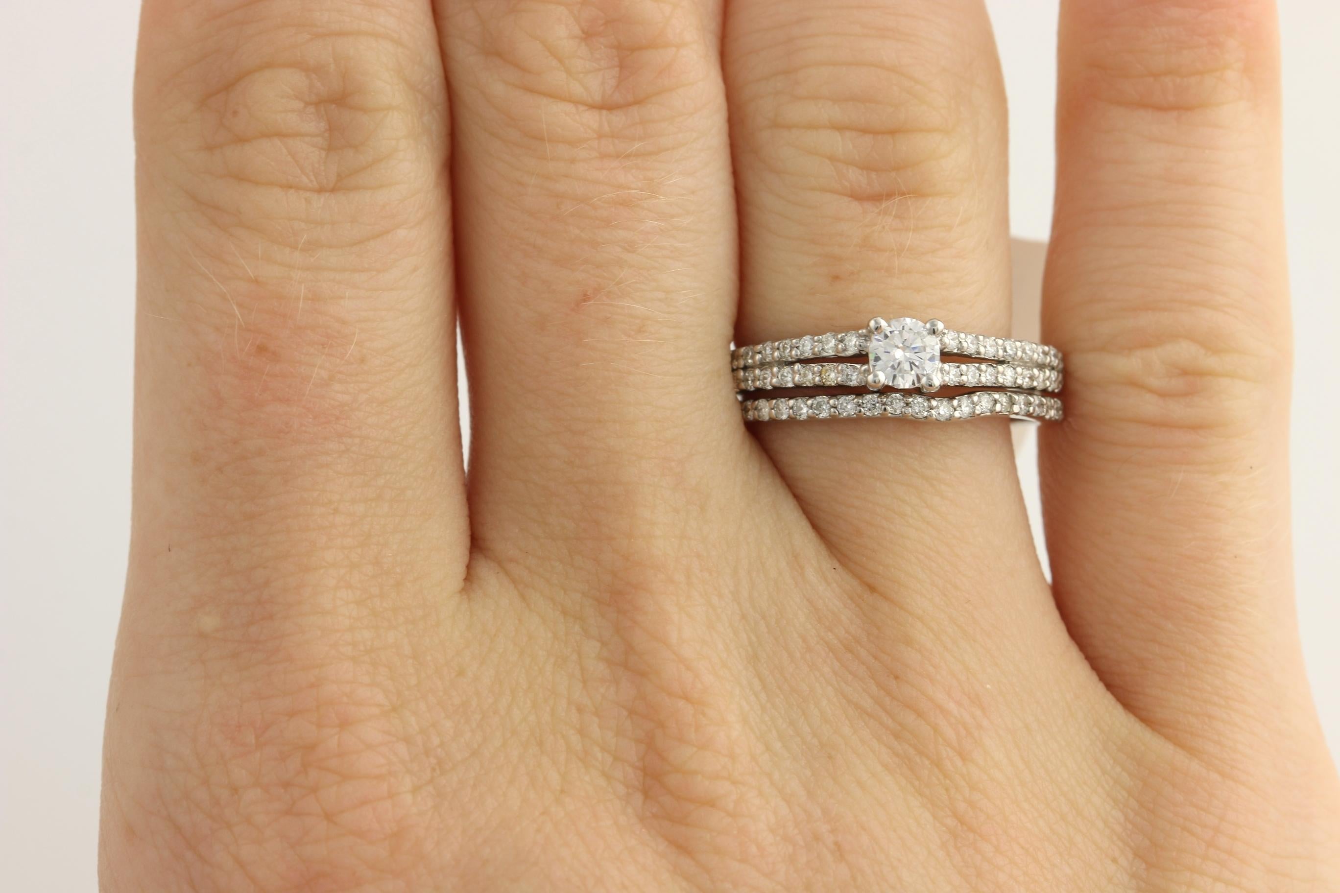 Diamond Engagement Ring and Wedding Band, 14 Karat White Gold .37 Carat For Sale 3