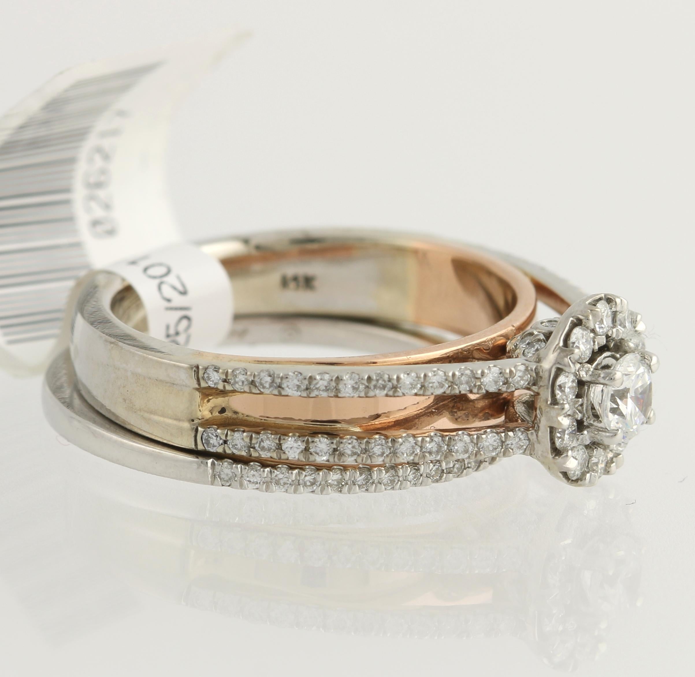 Round Cut Diamond Ring and Wedding Band, 14 Karat White and Rose Gold Halo .77 Carat