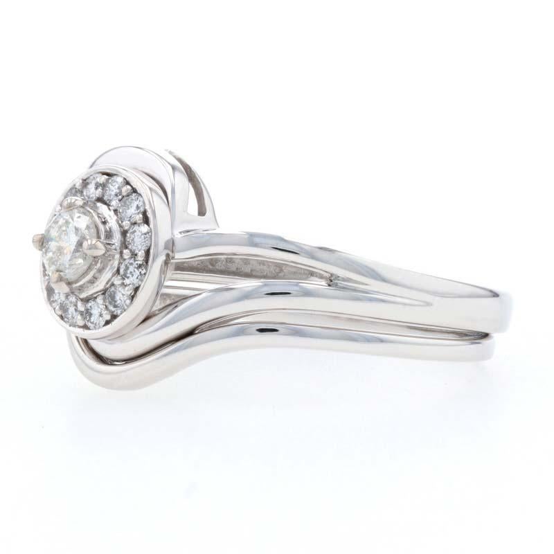 New Diamond Halo Bypass Engagement Ring & Wedding Band, 14k White Gold .53ctw In New Condition For Sale In Greensboro, NC