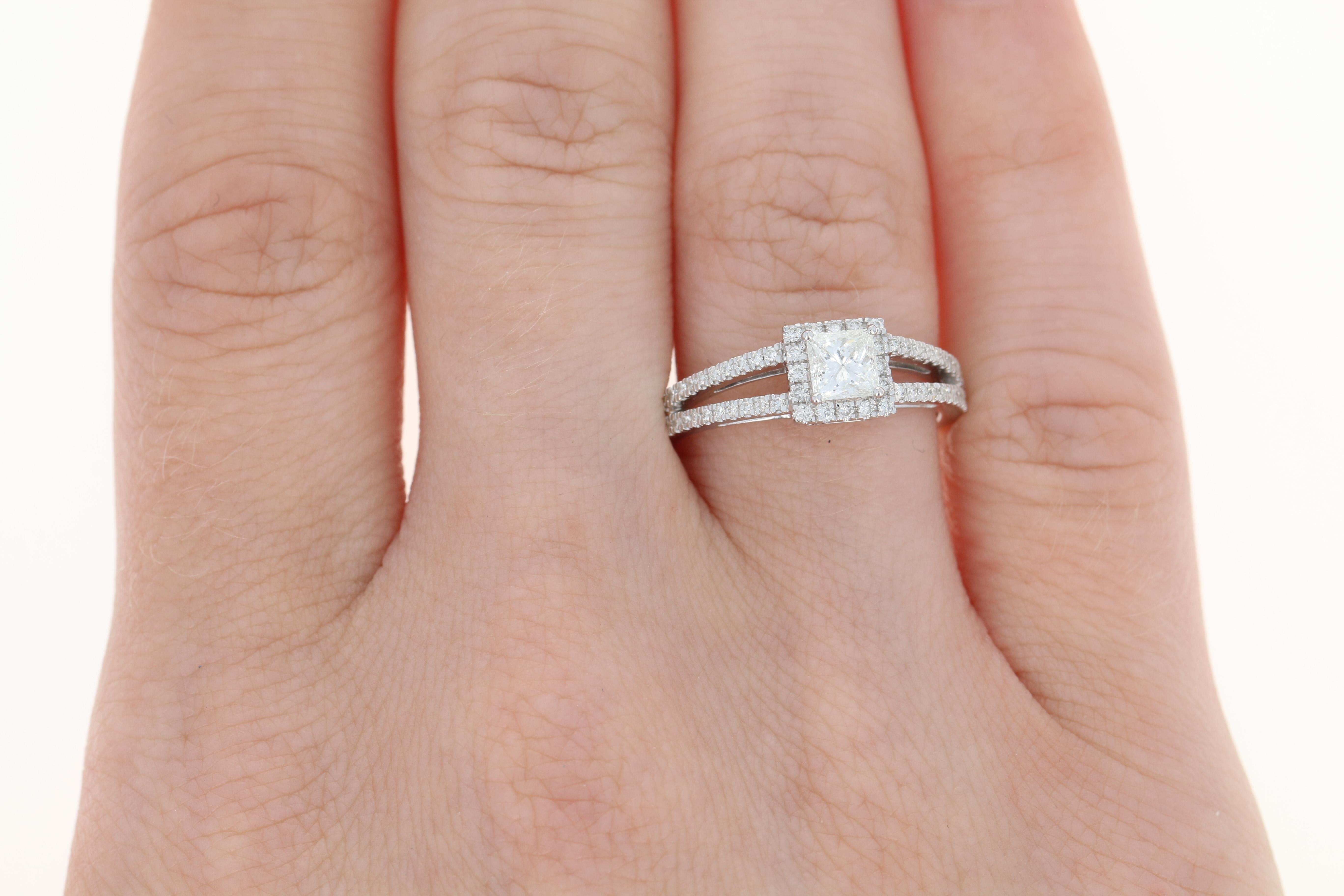 Women's Diamond Halo Engagement Ring, 14 Karat White Gold GIA Princess Cut .70 Carat