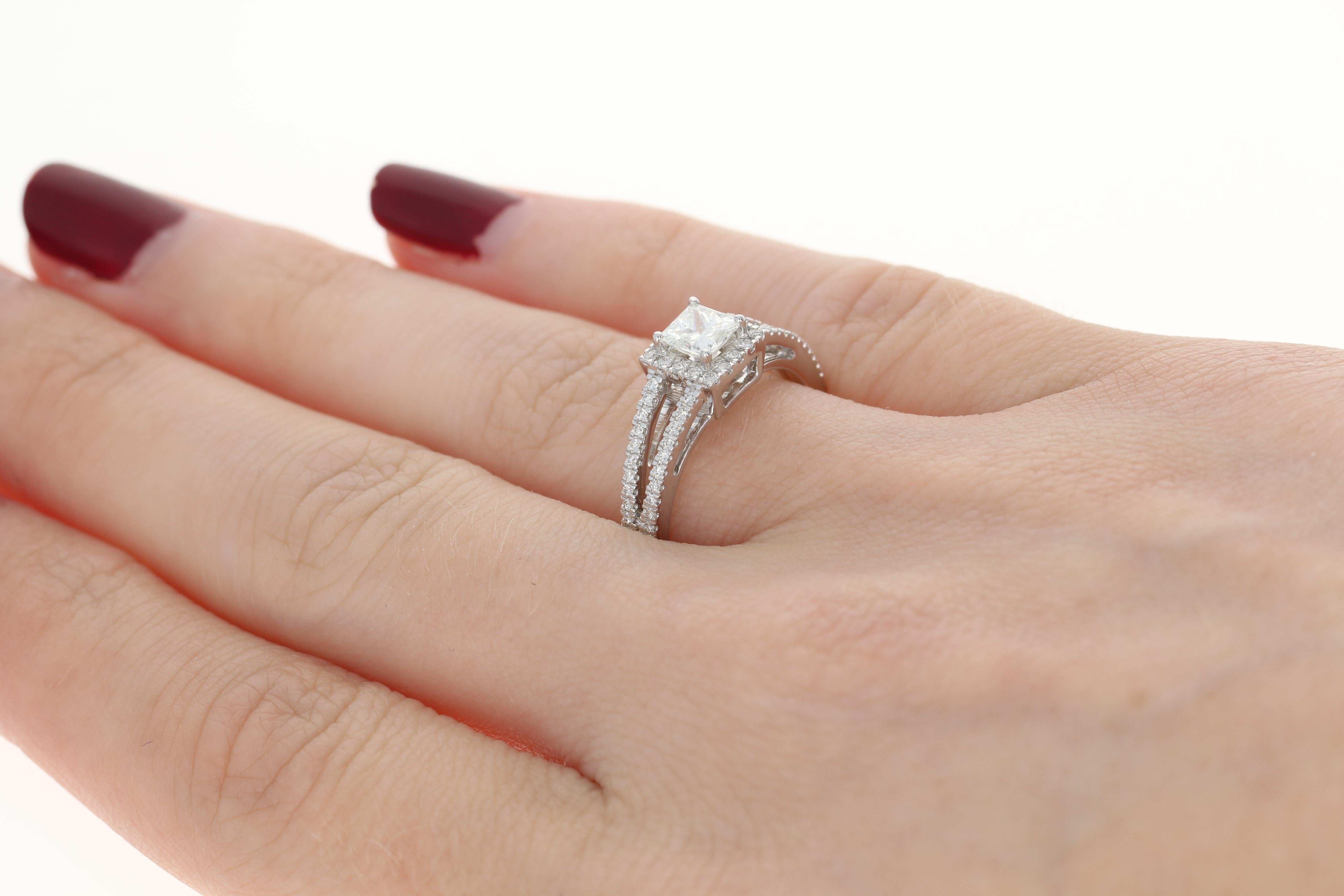 Diamond Halo Engagement Ring, 14 Karat White Gold GIA Princess Cut .70 Carat 1