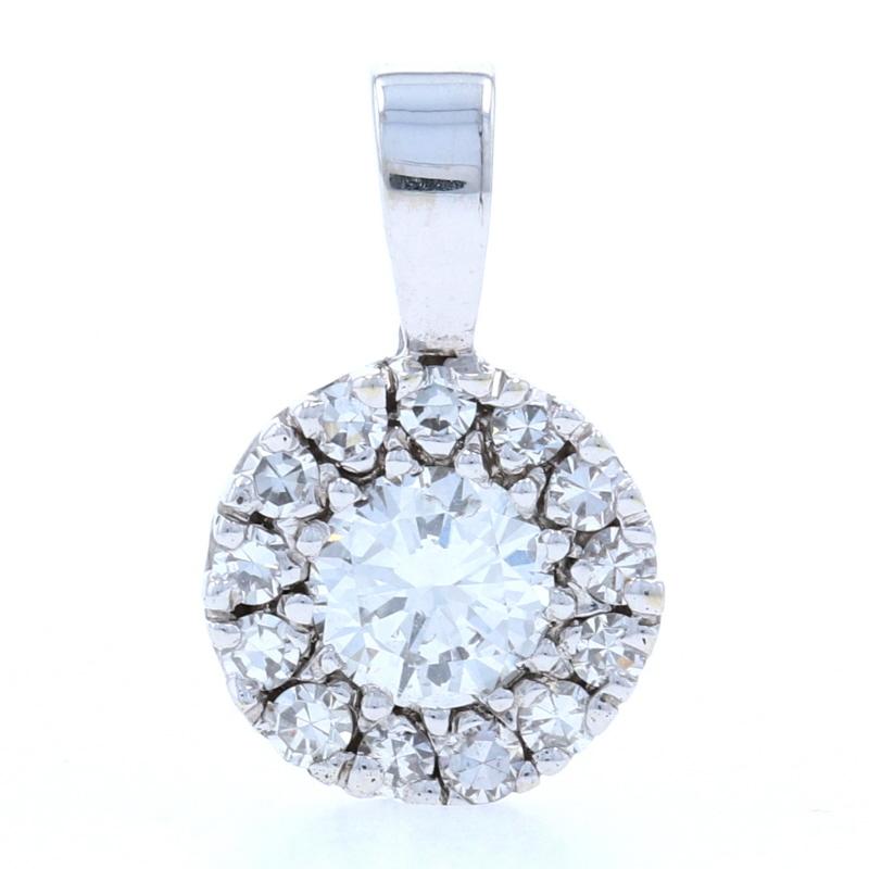 Women's Diamond Halo Pendant, 14 Karat White Gold Cluster Round Cut .59 Carat For Sale