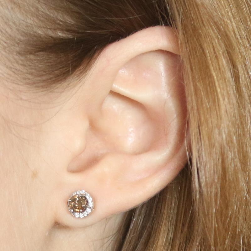 Round Cut Diamond Halo Stud Earrings, 14k White Gold Pierced .94ctw For Sale