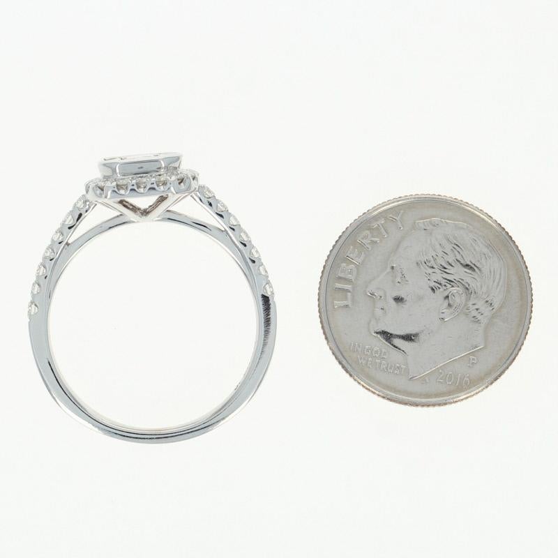 Diamond Illusion Solitaire Ring, 14 Karat White Gold Halo Emerald Cut .82 Carat In New Condition In Greensboro, NC
