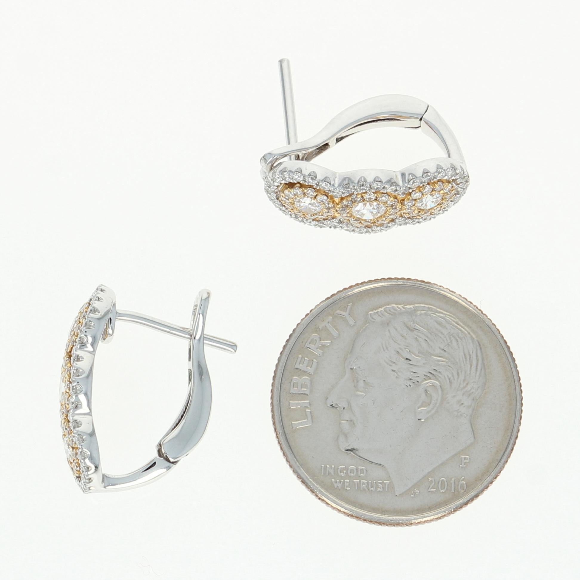 Diamond J-Hoop Earrings, 14 Karat White Gold Halo Round Cut .76 Carat In New Condition In Greensboro, NC