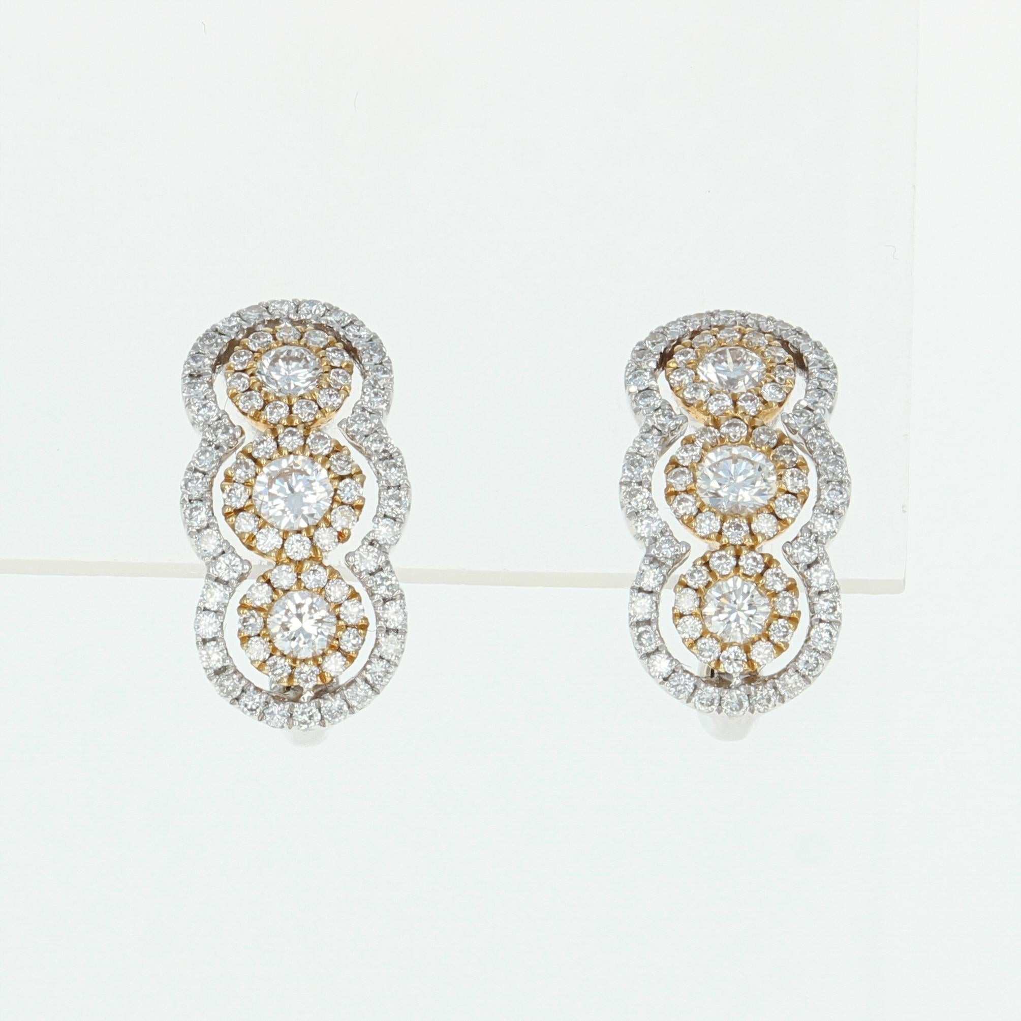 Women's Diamond J-Hoop Earrings, 14 Karat White Gold Halo Round Cut .76 Carat