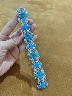 Neues Armband aus Diamant, Türkis und Smaragd in 18 Karat Weißgold