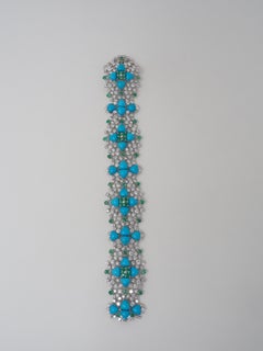 Nueva pulsera de diamantes, turquesas y esmeraldas en oro blanco de 18 quilates