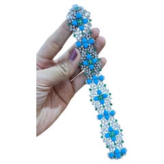 Neues Armband aus Diamant, Türkis und Smaragd in 18 Karat Weißgold