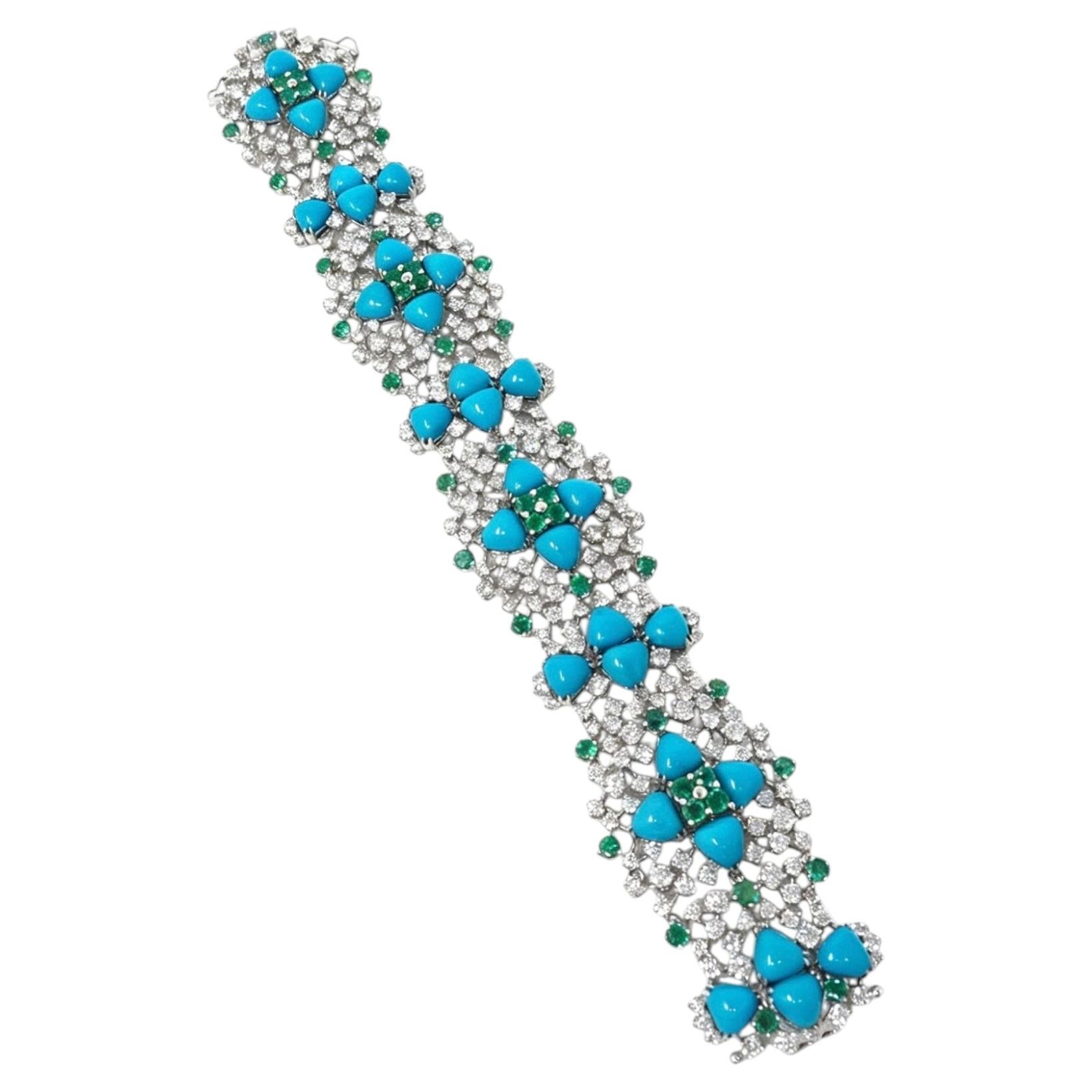 New Diamond, Turquoise and Emerald Bracelet in 18K White Gold