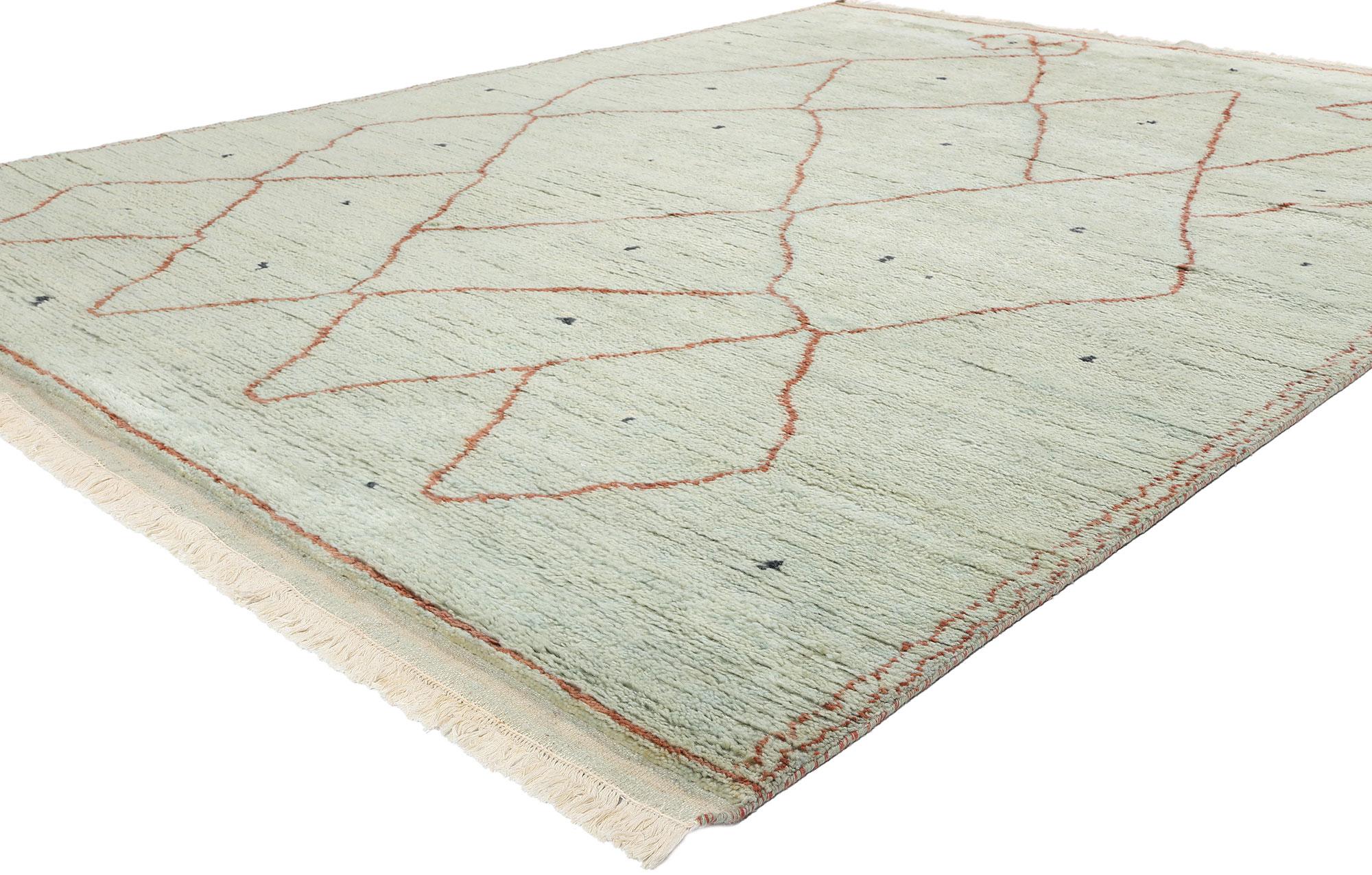 31212 Alfombras modernas tribales marroquíes, 08'00 x 10'09. Envuelta en una acogedora cohesión y un encanto tribal, esta moderna alfombra marroquí de lana anudada a mano trasciende la mera decoración; es una narración de artesanía atemporal y del