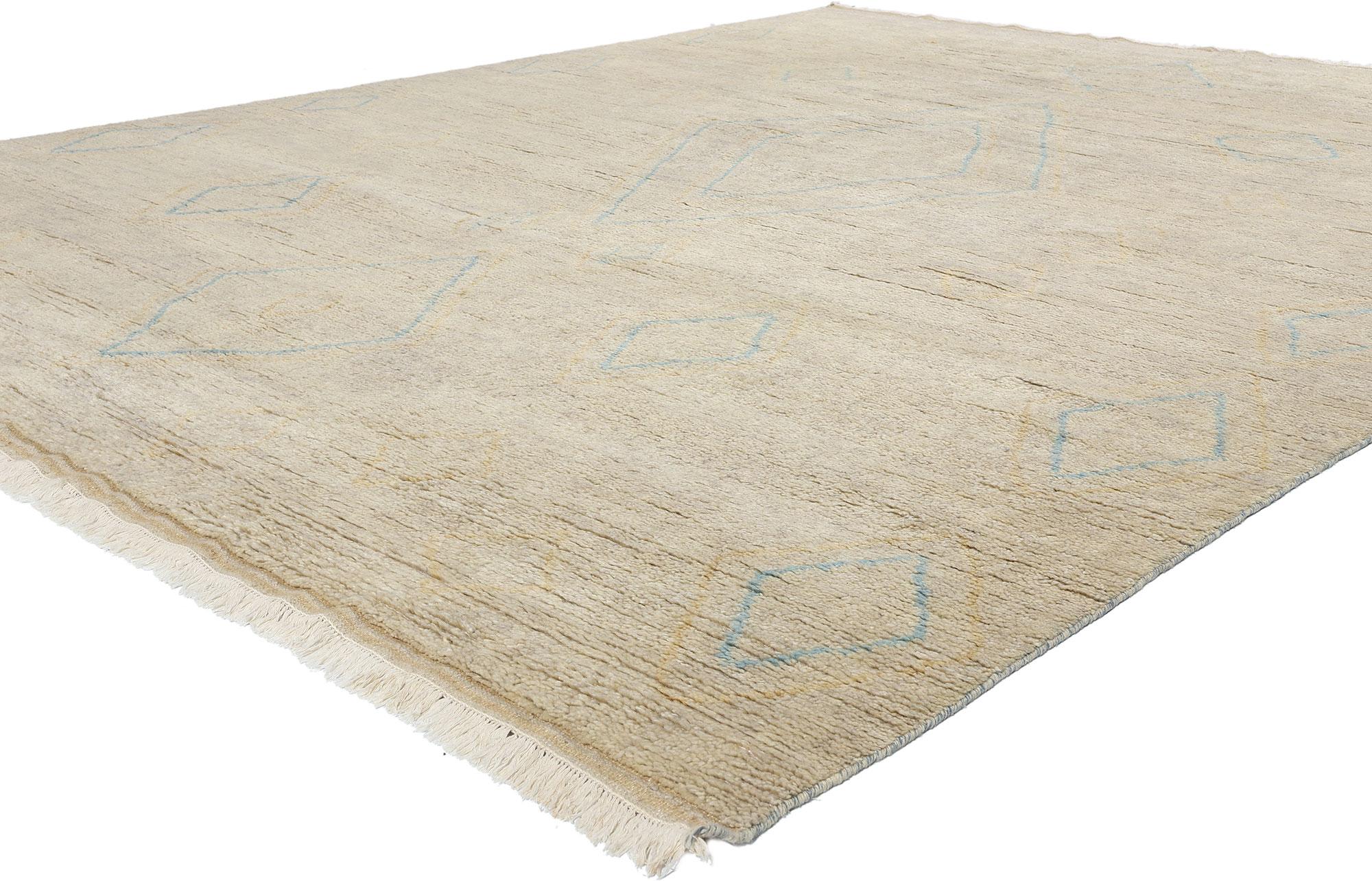 31273 Modern Tribal Boho Marokkanischer Teppich, 09'04 x 11'08. Dieser moderne marokkanische Teppich aus handgeknüpfter Wolle verzaubert Ihren Wohnbereich mit seinem Charme. Das neutrale Beige des Teppichs bildet einen ruhigen und vielseitigen