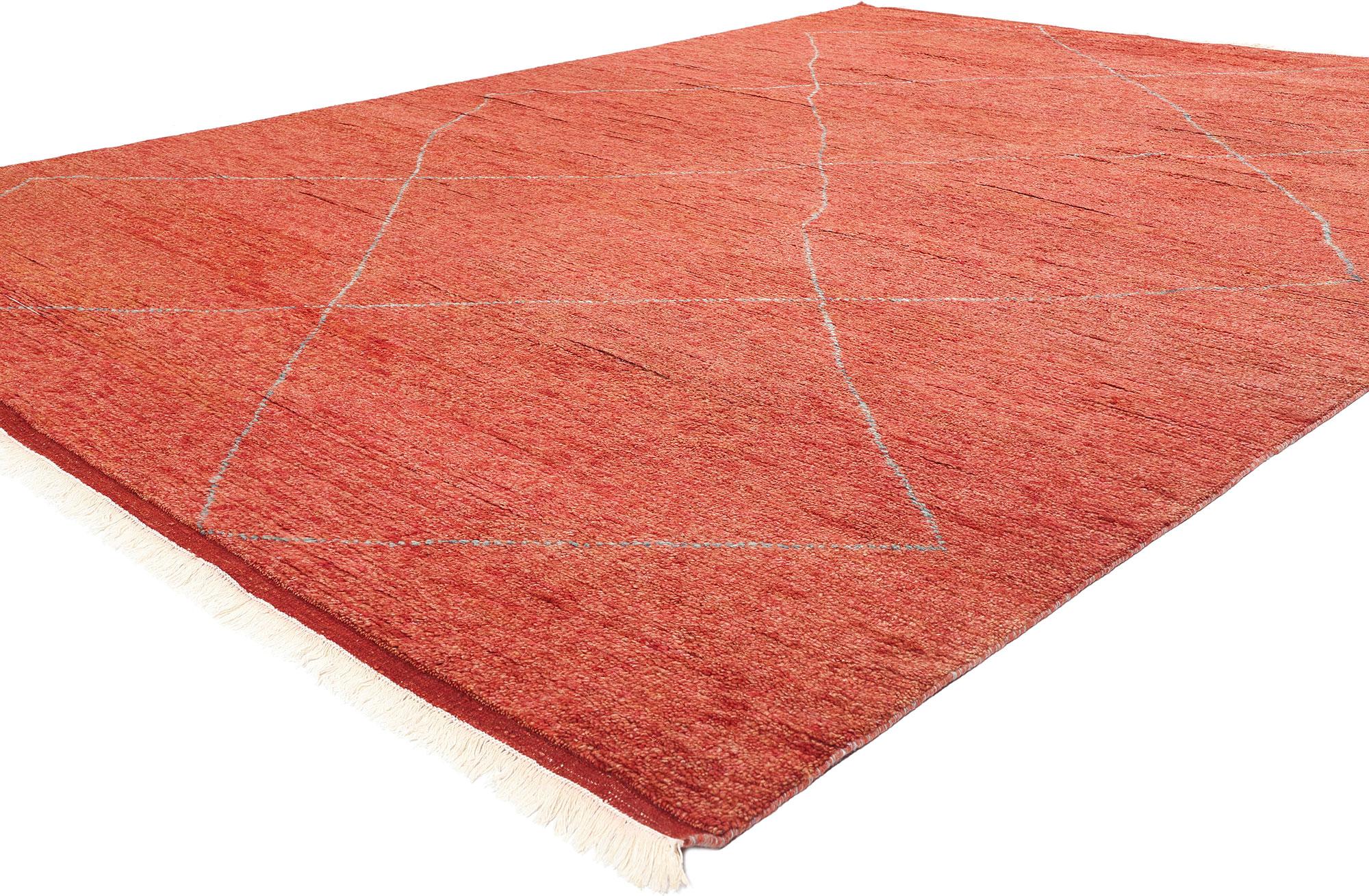 31266 Modern Red Moroccan Rug, 08'11 x 11'11. Elevate your interior space with the captivating charm of this hand-knotted wool modern red Moroccan rug. Featuring a rich red background, the composition exudes warmth and energy, instantly drawing the