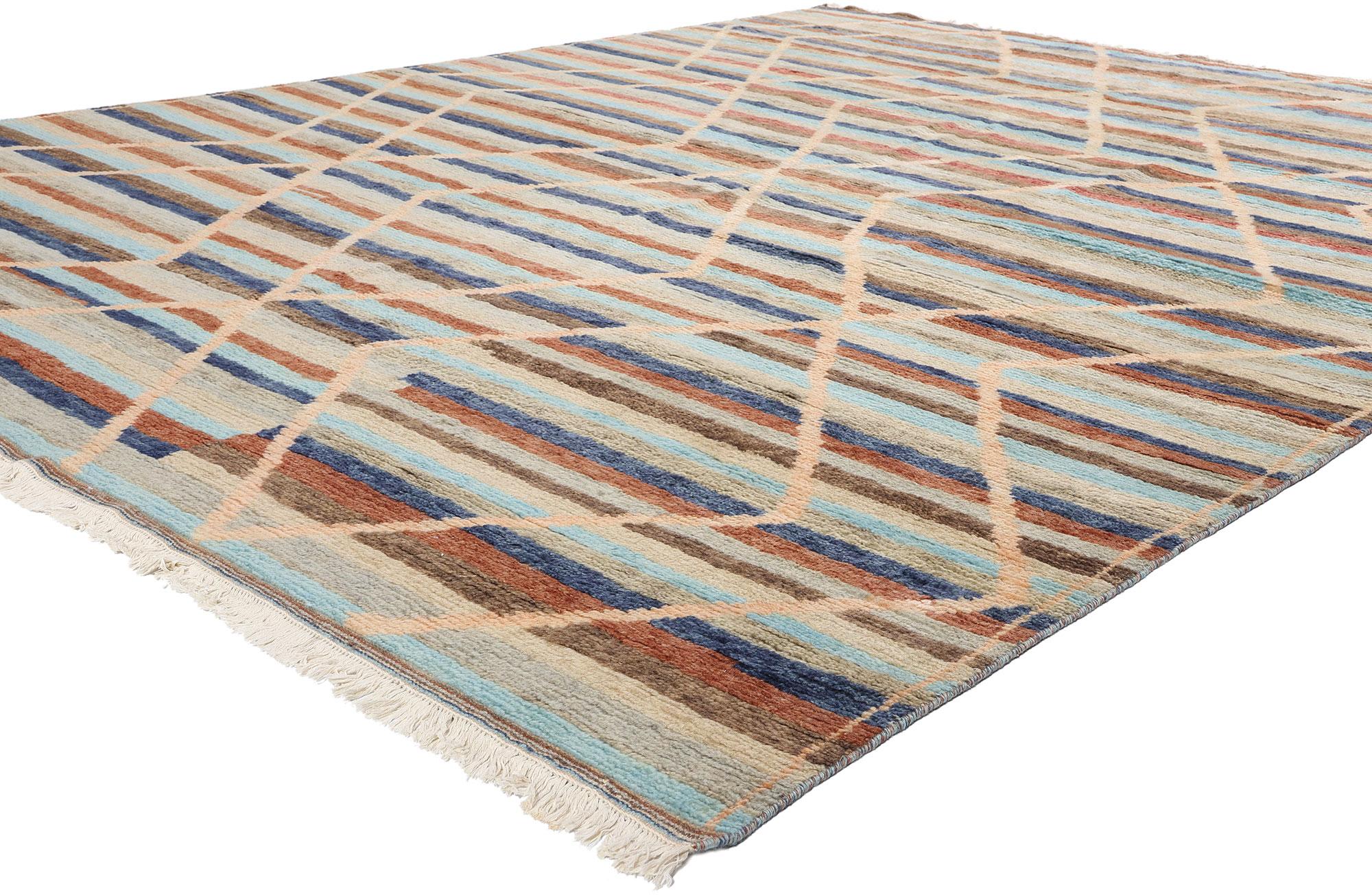 31294 Tapis marocain tribal moderne rayé, 09'02 x 11'11. Voici le tapis marocain moderne à rayures en laine nouée à la main, une fusion exquise de l'artisanat indien traditionnel et du design contemporain. Ce captivant tapis marocain présente un