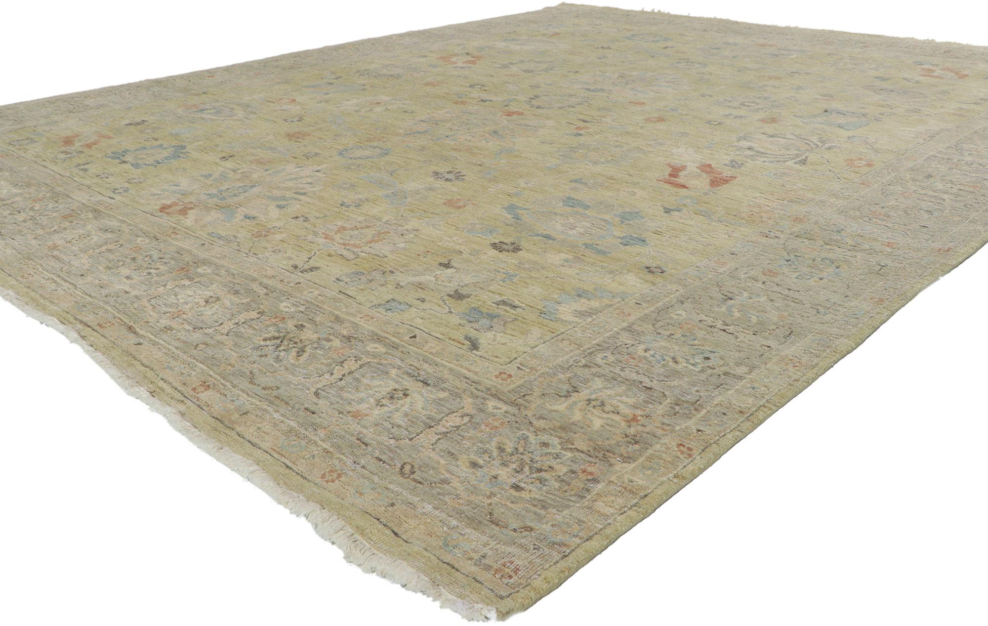 30838 New Distressed Oushak Rug with Vintage Style 07'11 x 09'10. Emanating traditional sensibility and rugged beauty with a earthy colorway, this hand-knotted wool distressed Indian Oushak rug creates an inimitable warmth and calming ambiance. The
