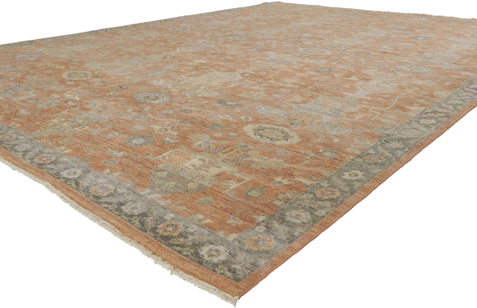30837 Nuovo tappeto Oushak invecchiato con stile vintage 08'10 x 11'09. Emanando una sensibilità tradizionale e una bellezza robusta con un'accogliente tavolozza di colori, questo tappeto Oushak indiano annodato a mano in lana e con effetto