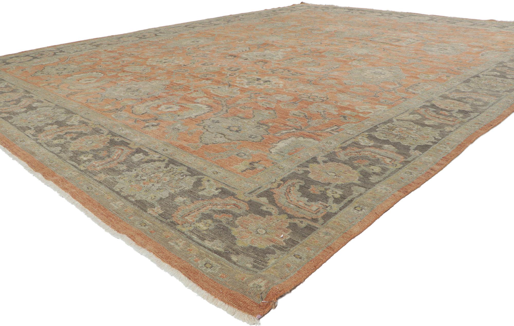 30835 New Distressed Oushak Rug with Vintage Style 08'11 x 11'07. Emanating traditional sensibility and rugged beauty with a cozy color palette, this hand-knotted wool distressed Indian Oushak rug creates an inimitable warmth and calming ambiance.